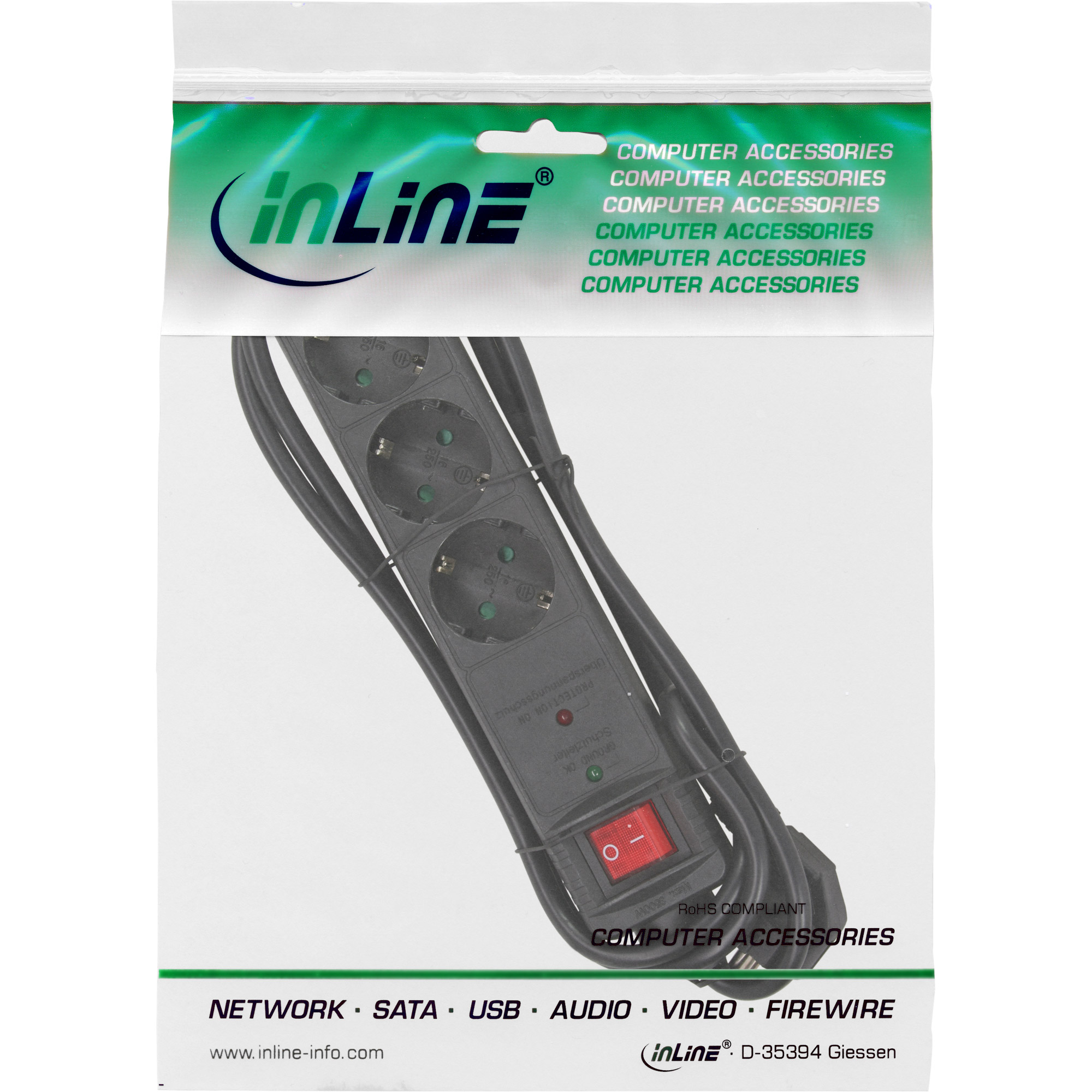 Inline® Steckdosenleiste, 3-fach Schutzkontakt, ÜSS, schwarz