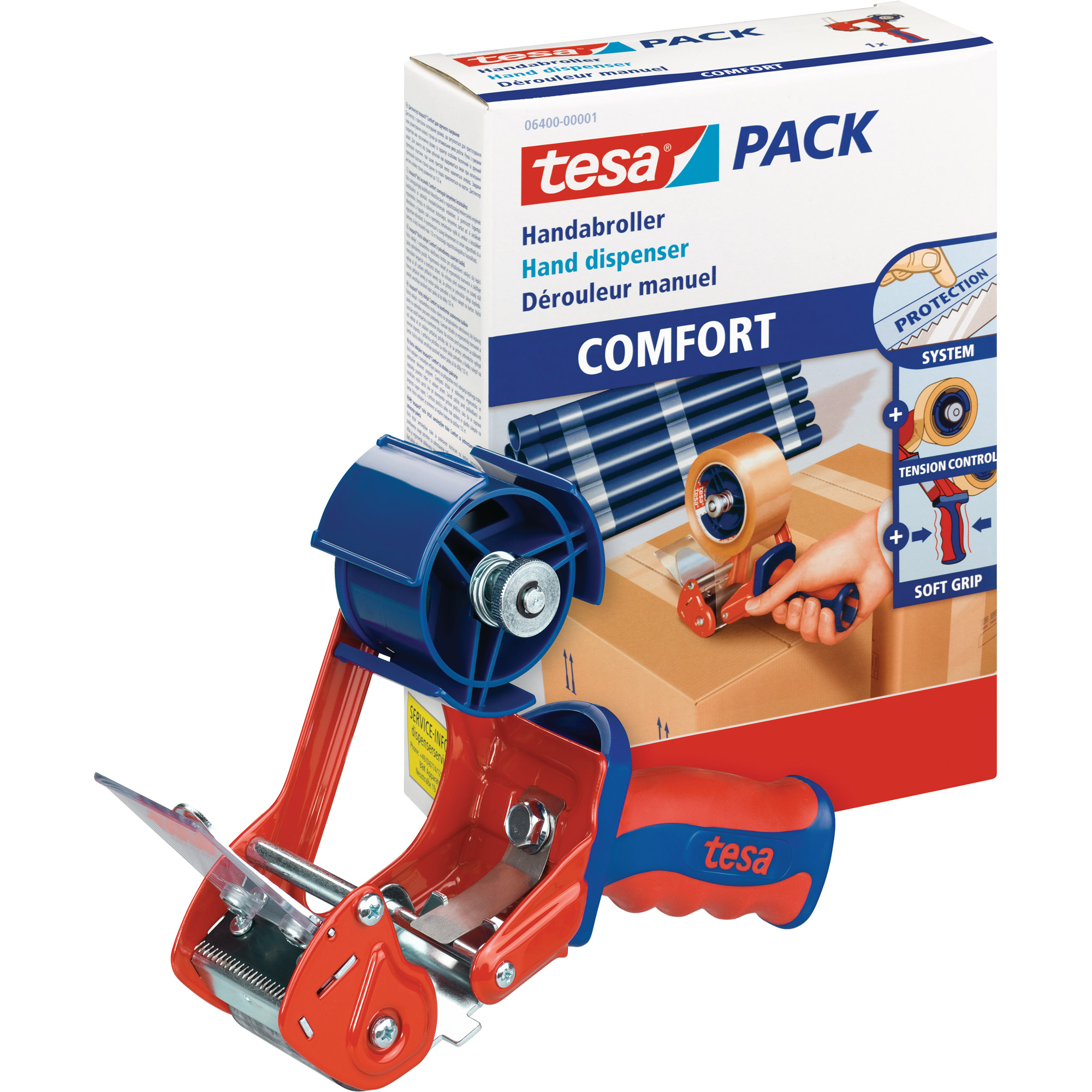 tesa Packbandhandabroller Comfort, bis 66m x 50mm, rot/blau tesa Packbandhandabroller Comfort, bis 66m x 50mm, rot/blau