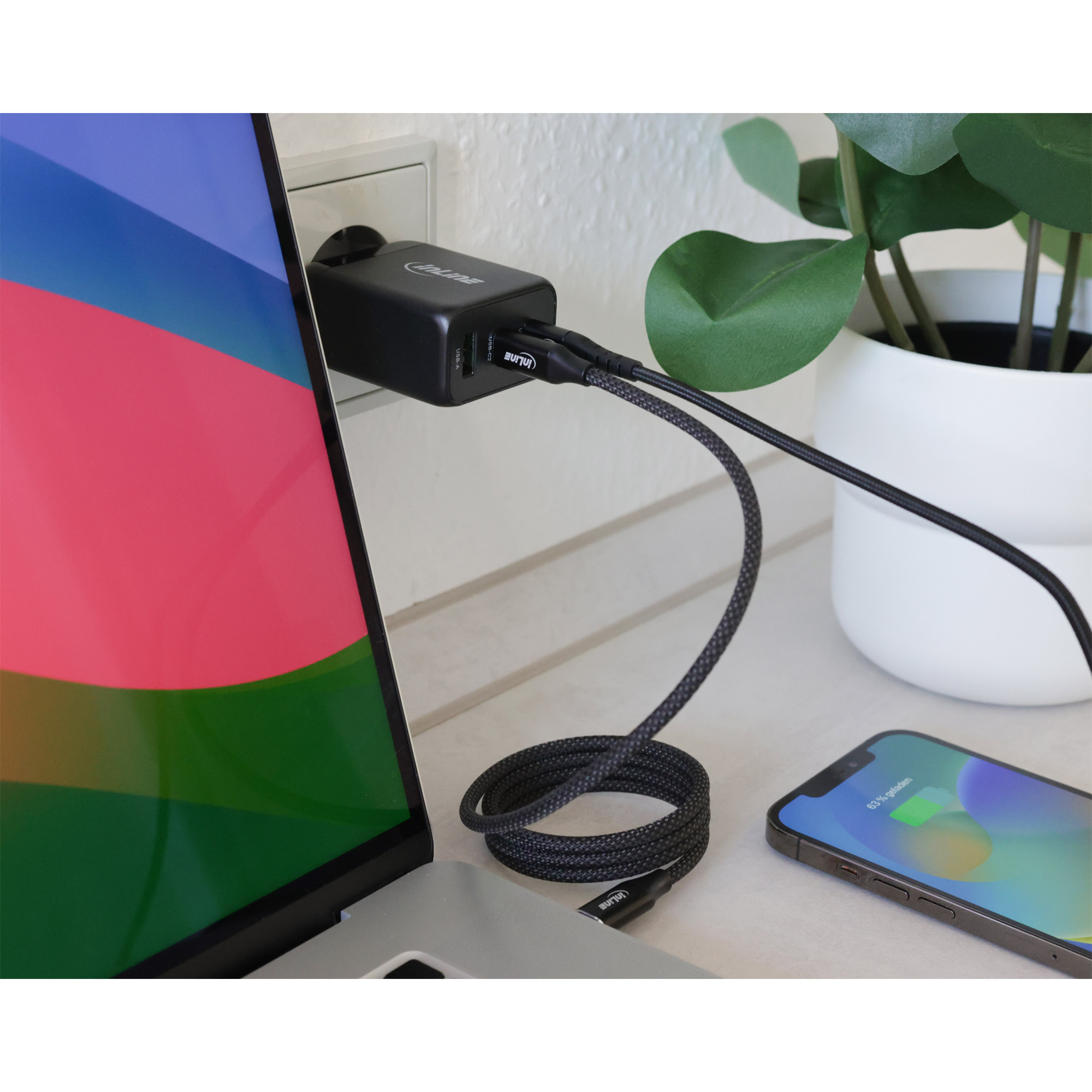 Inline® USB PD Netzteil, GaN Ladegerät, 3-Port, Dual USB-C + USB-A, 65W Inline® USB PD Netzteil, GaN Ladegerät, 3-Port, Dual USB-C + USB-A, 65W