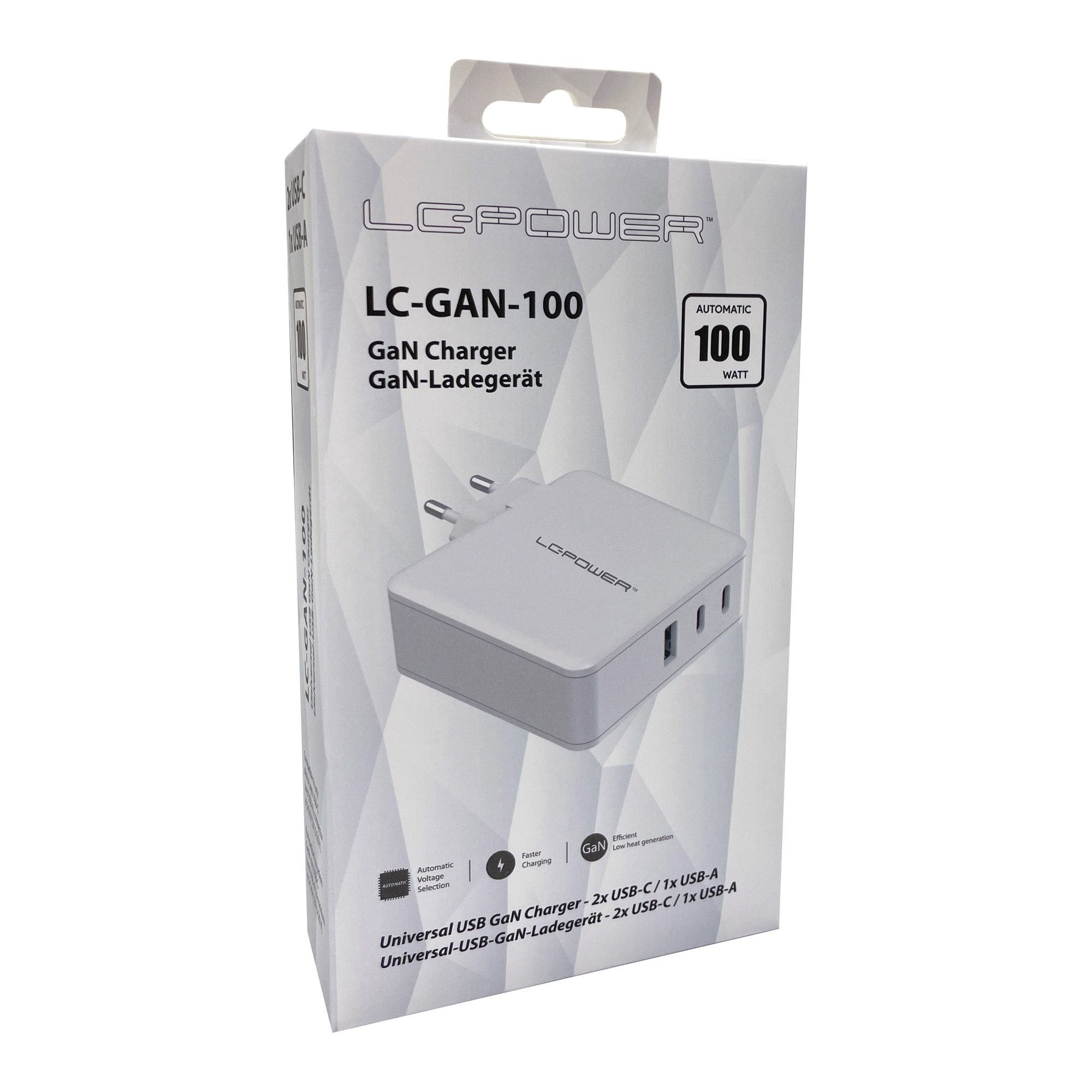 LC-Power LC-GAN-100, USB-Netzteil GaN, 2x USB-C, 1x USB-A, 100W, weiß