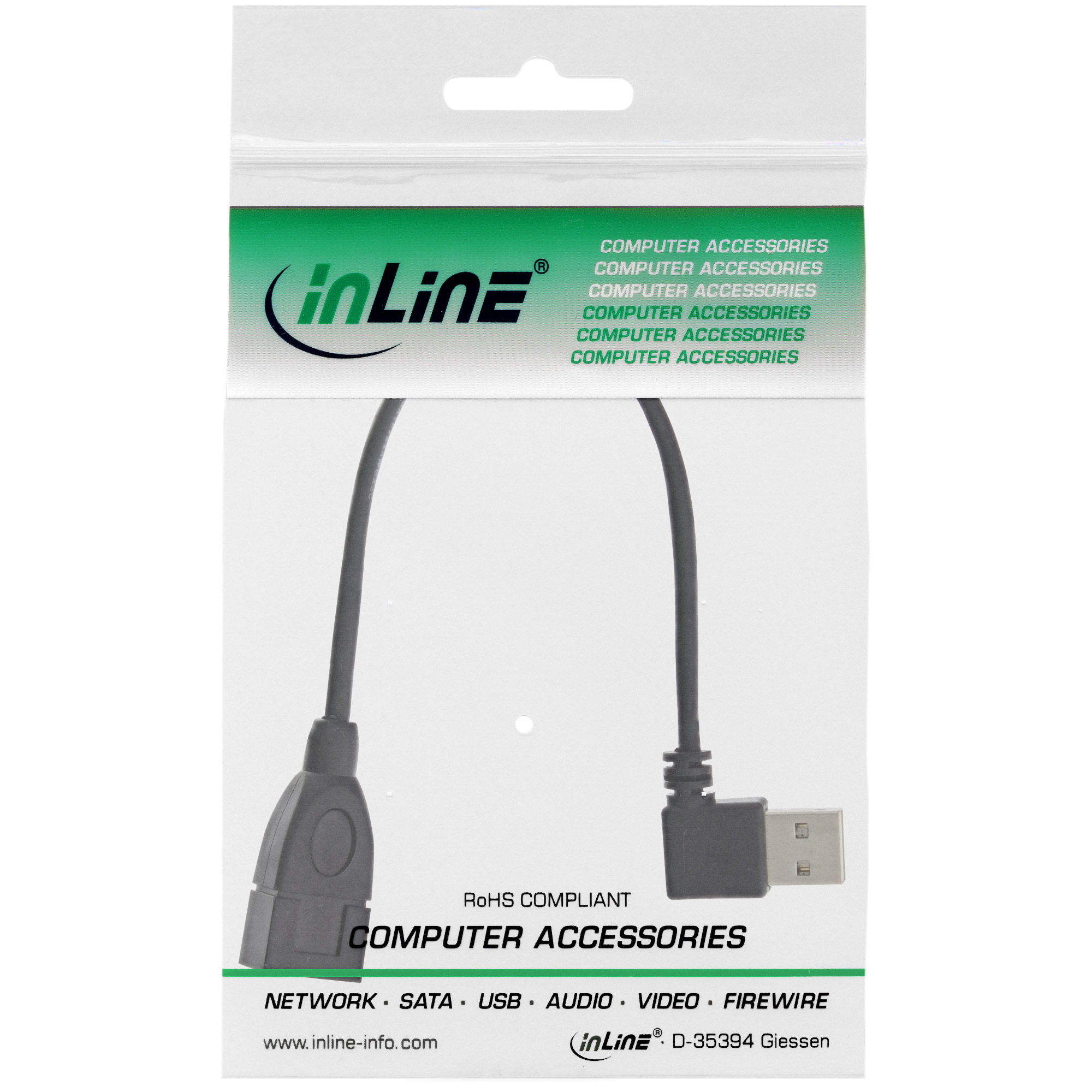 Inline® Smart USB 2.0 VerLängerung gewinkelt, ST / BU, Typ A, schwarz, 0,2m