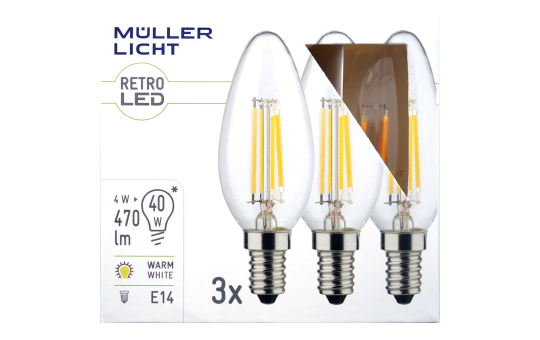LED Filament Kerzenlampe, E14, 4W, 470lm, 2700K, warmweiß, 3er Set