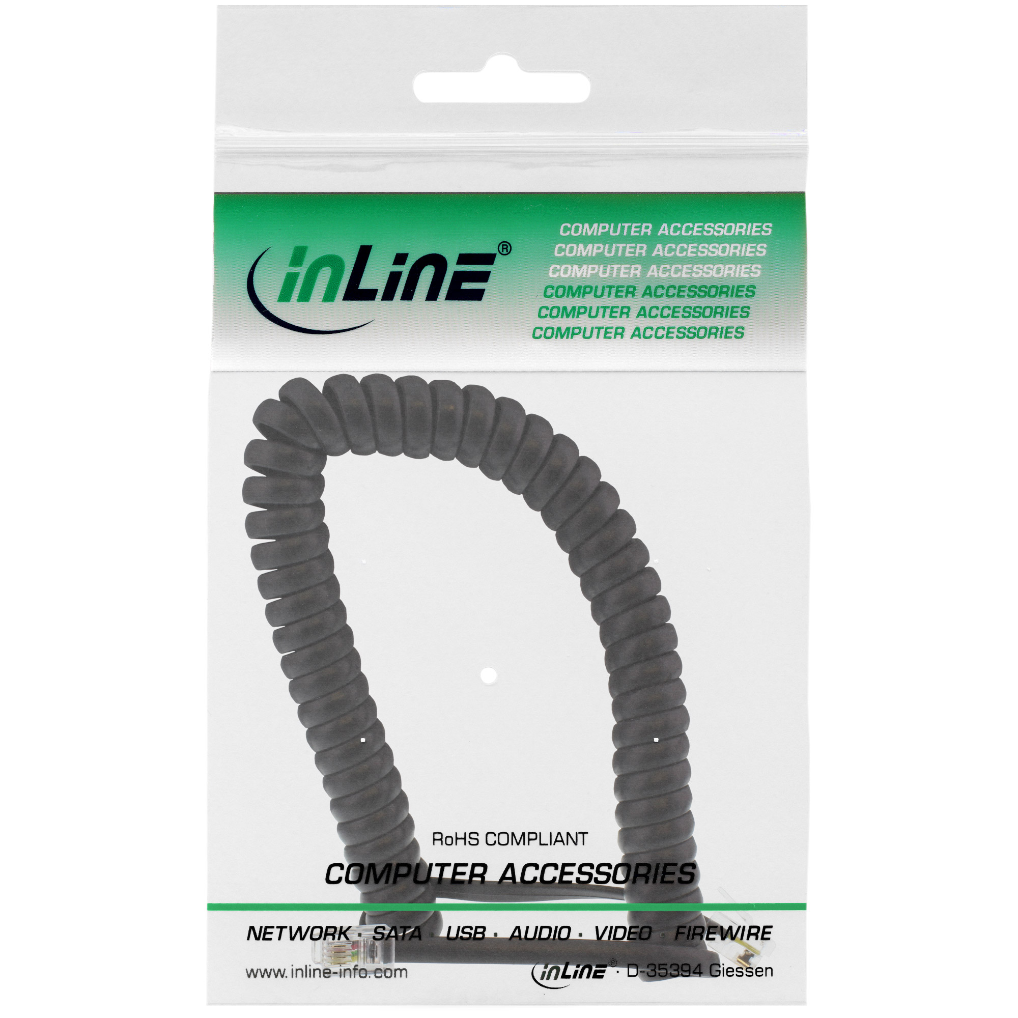 Inline® Spiralkabel, RJ10 Stecker / Stecker, schwarz, 1:1 belegt, max. 4m