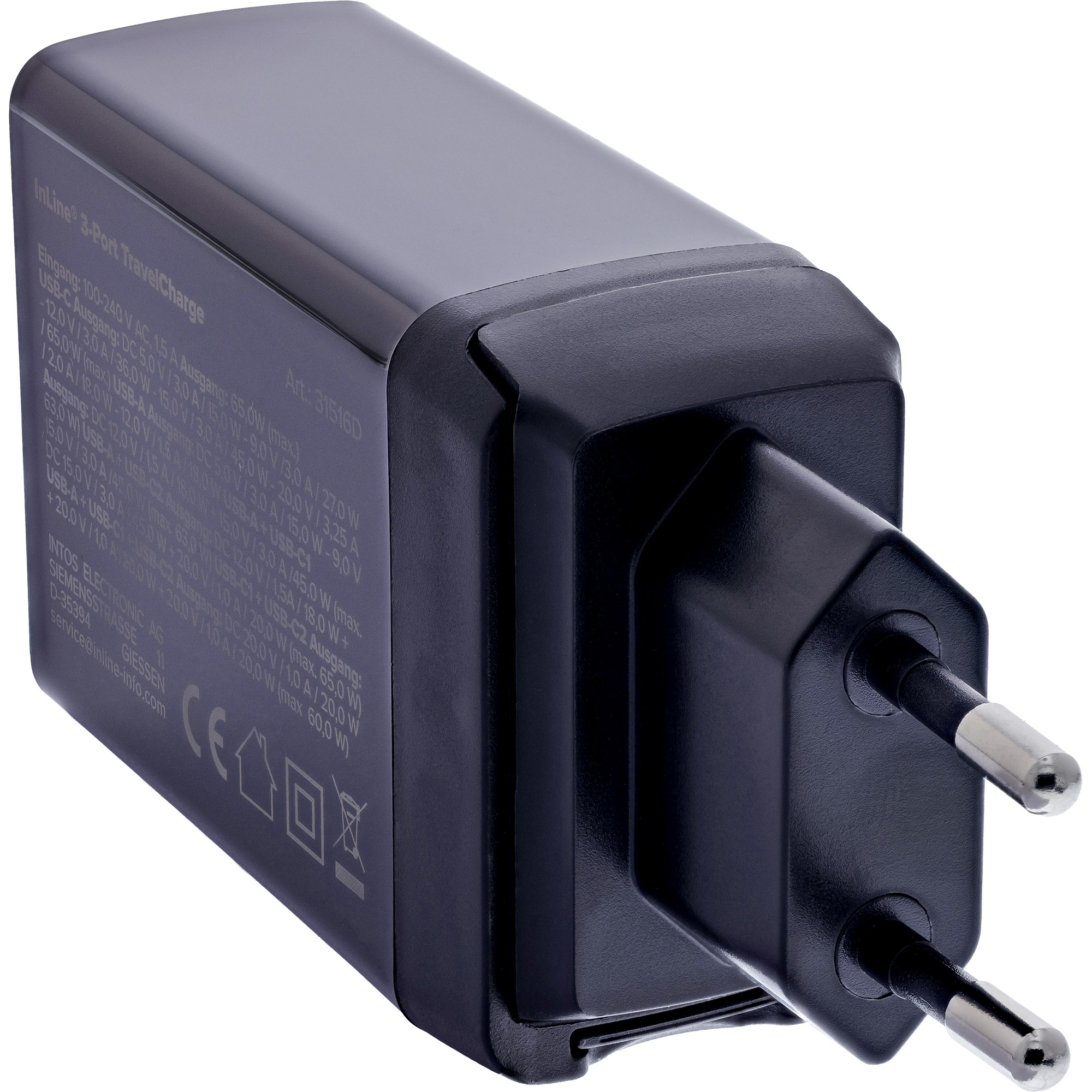 InLine® 3-Port TravelCharge, 65W USB-Netzteil, 2x USB-C, 1x USB-A, EU/UK/US