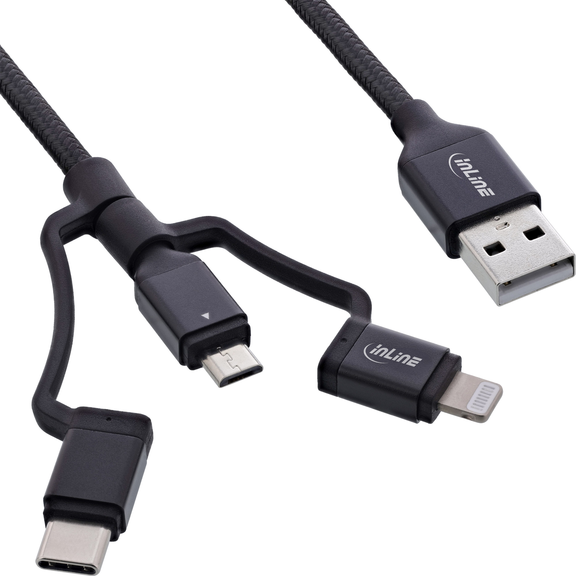Inline® 3-in1 USB Kabel, Micro-USB/Lightning/USB-C, schwarz/Alu, 1m MFi