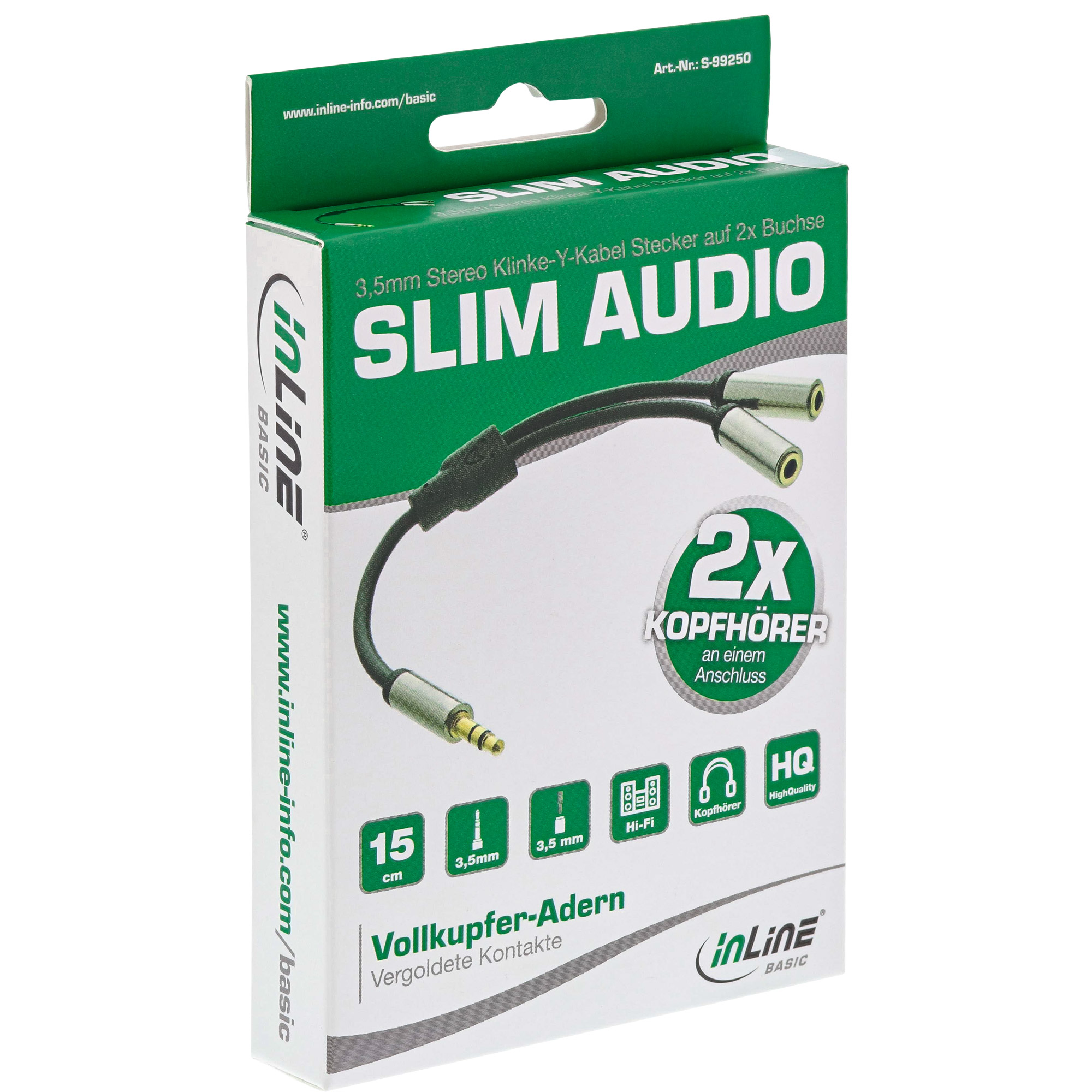 0.15m - Inline® Basic Slim Audio Y-Kabel 3,5mm Klinke ST an 2x BU