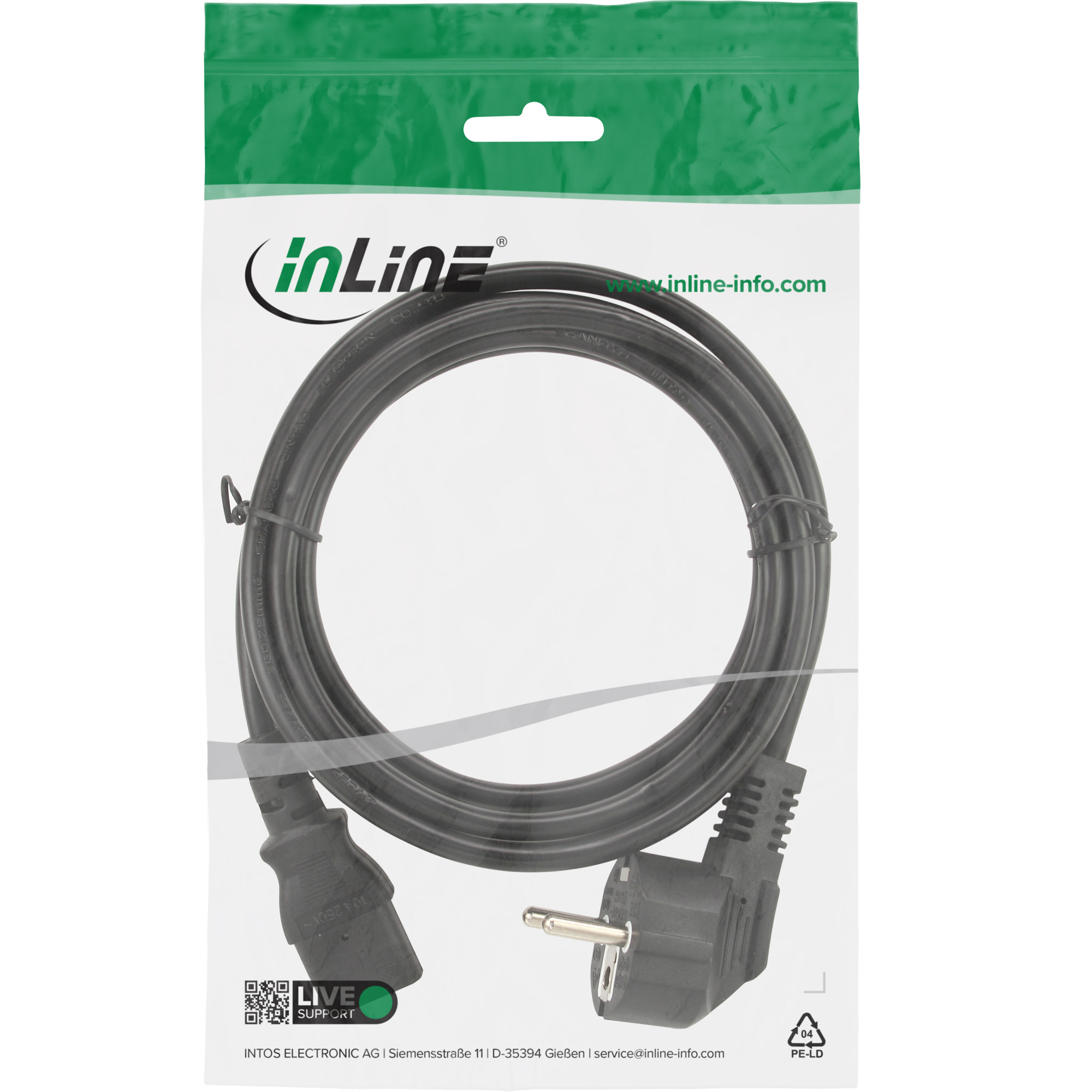 Inline® Netzkabel, Schutzkontakt gewinkelt auf Kaltgerätestecker C13, 2,5m Inline® Netzkabel, Schutzkontakt gewinkelt auf Kaltgerätestecker C13, 2,5m