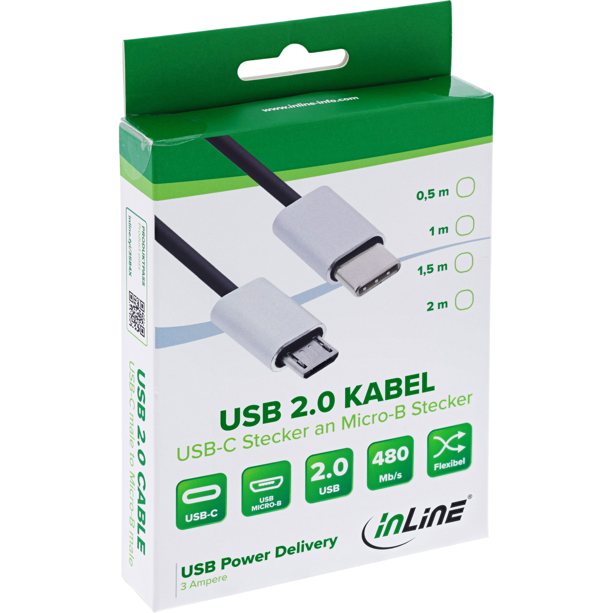 Inline® USB 2.0 Kabel, USB-C ST an Micro-B ST, schwarz/Alu, flexibel, 1,5m