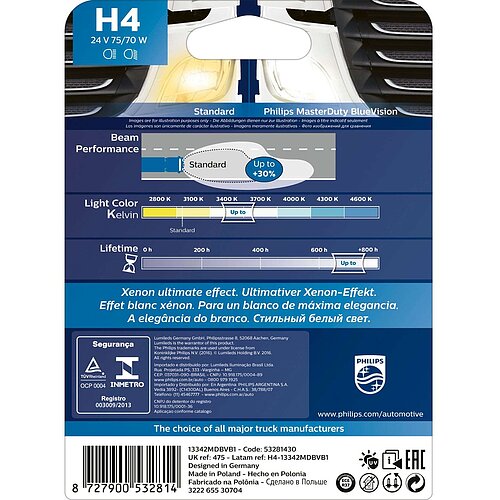 H4 24V 75/70W P43T 24V Halogen MasterDuty BlueVision 1St Philips