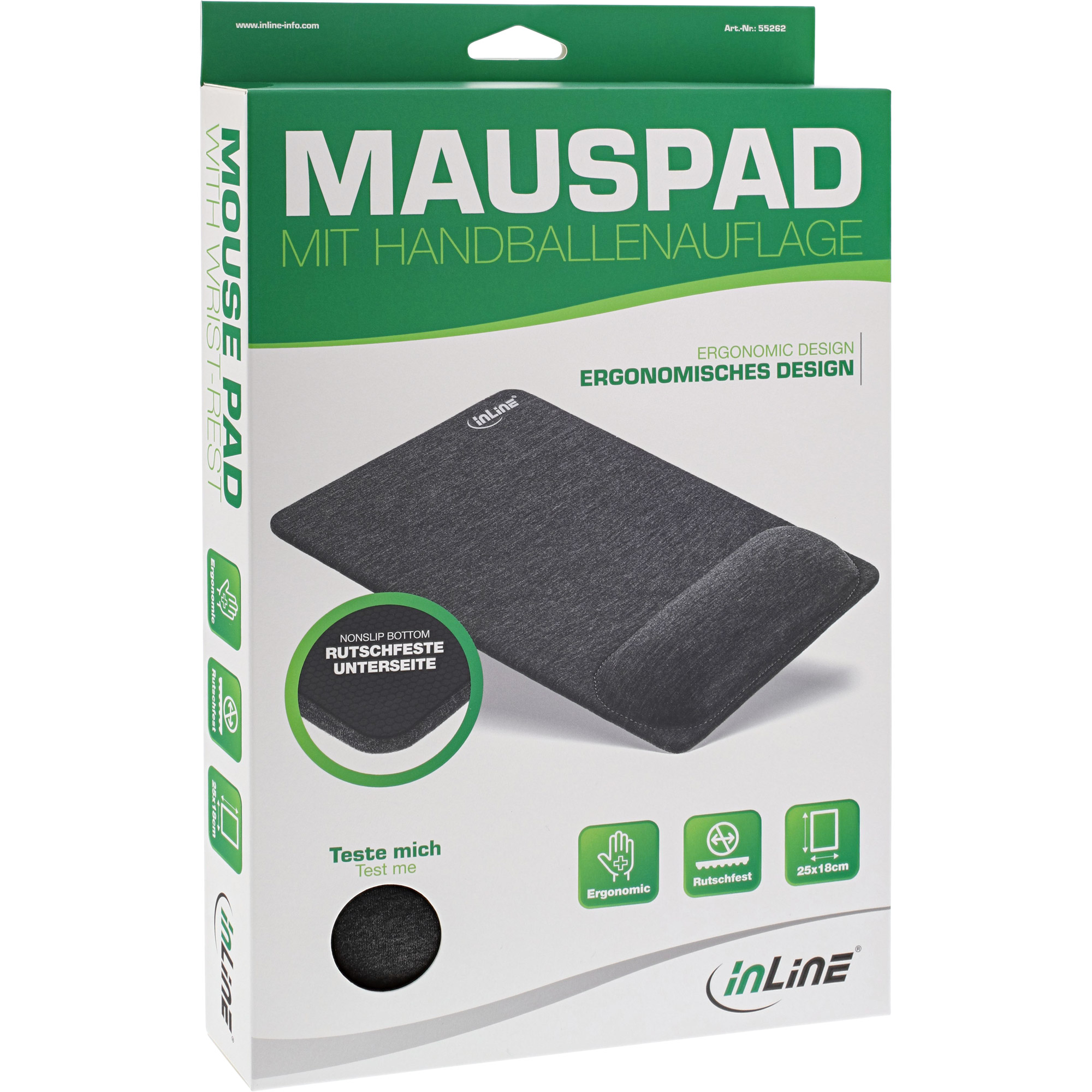 Inline® Mauspad mit Handballenauflage, textil, schwarz