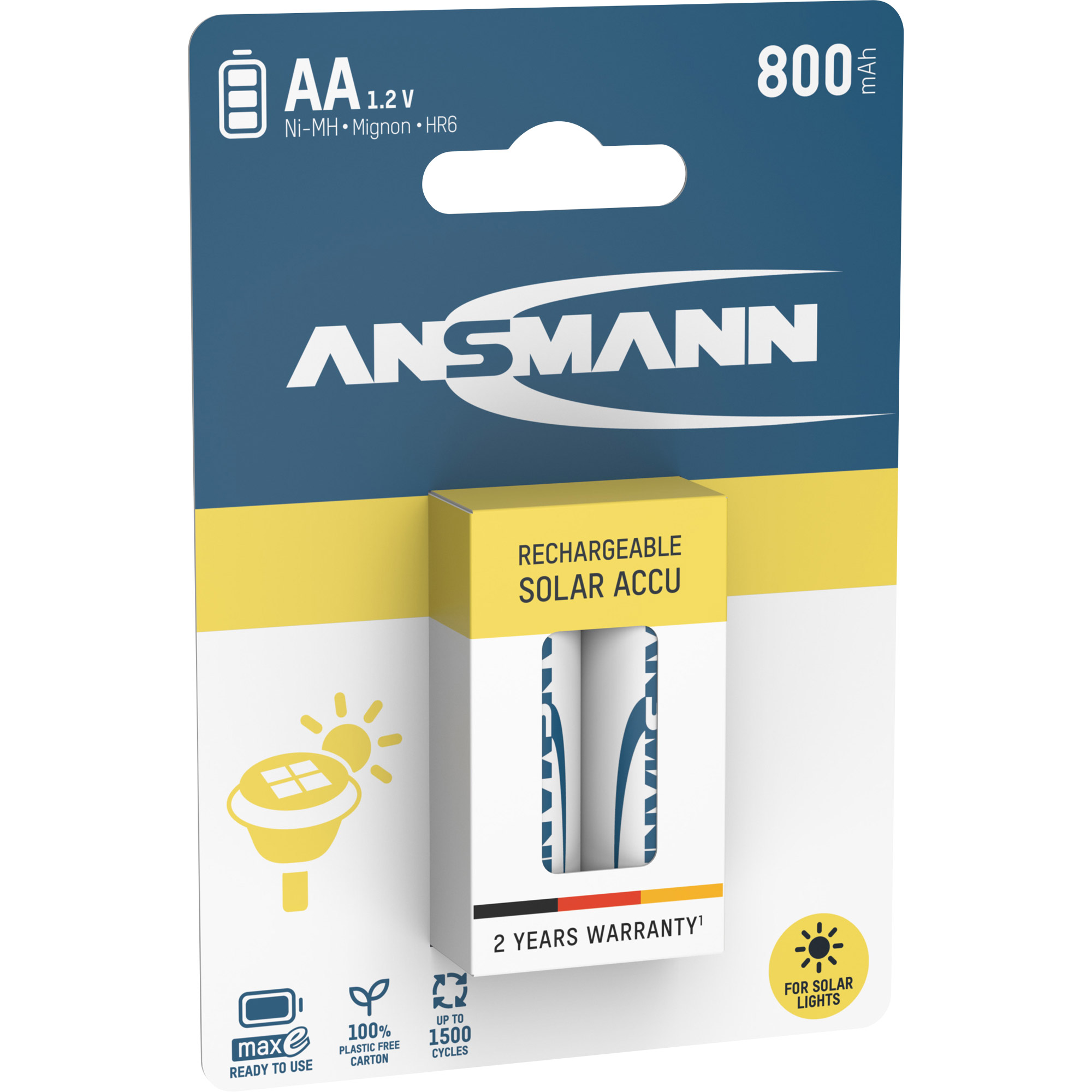 2x Ansmann NiMH AA Mignon 800mAh HR6 Akku für Solar - 2er Verpackung