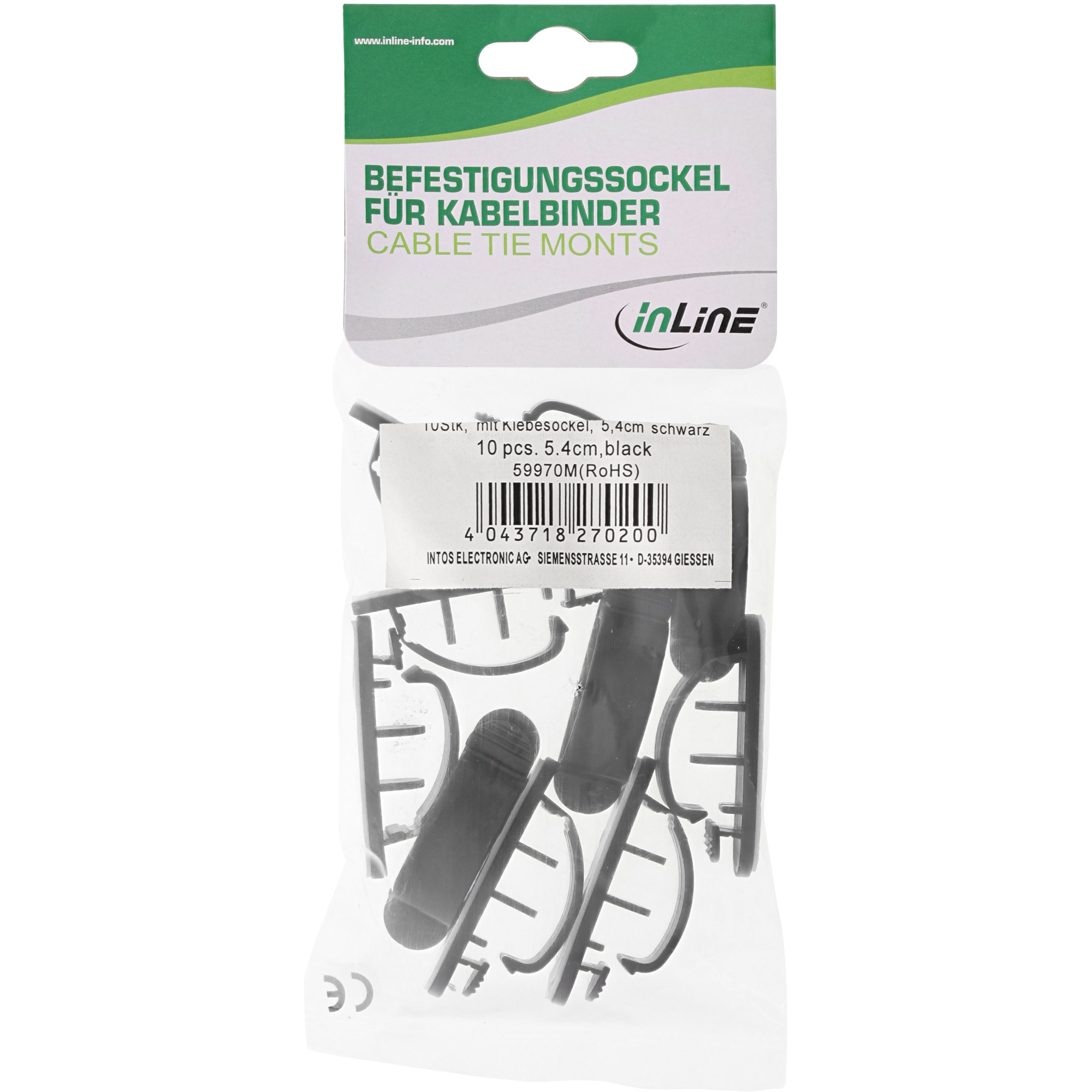 10er Pack Inline® Kabelmanager, mit Klebesockel, 2,8cm, schwarz