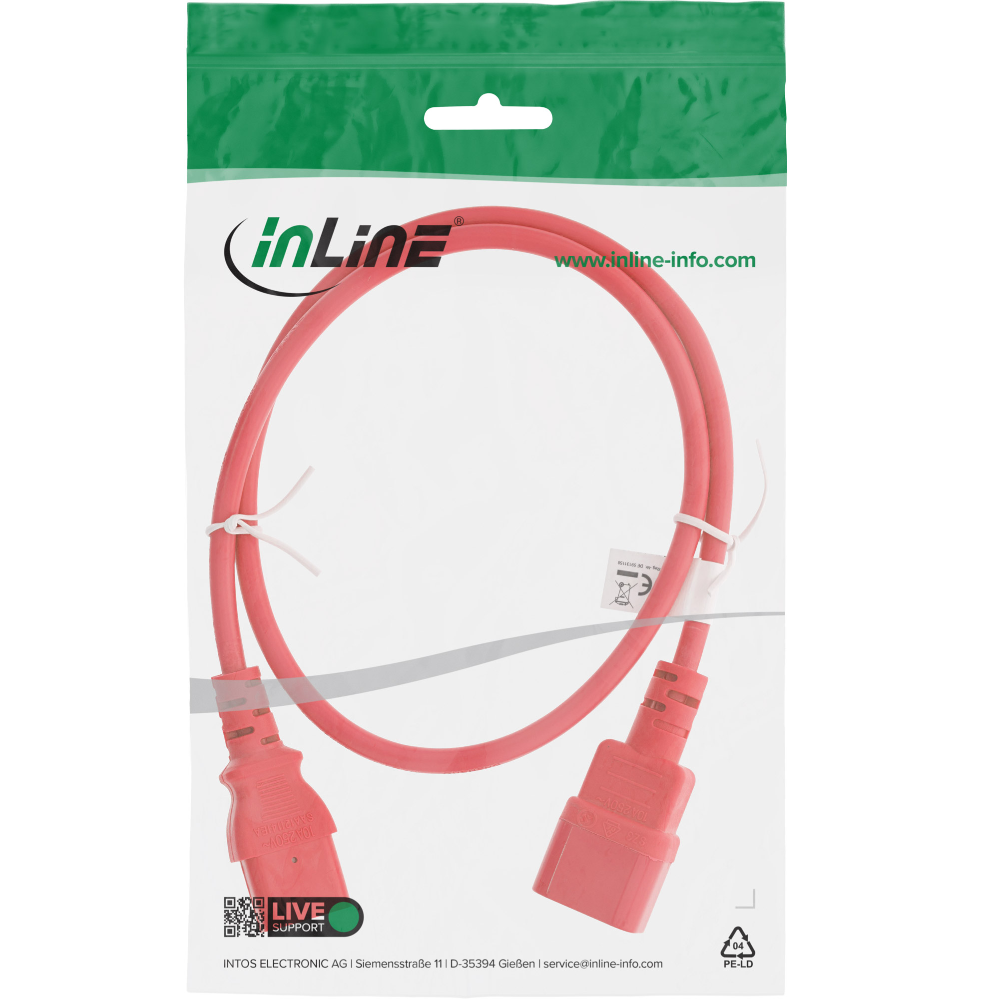 Inline® KaltgeräteverLängerung, C13 auf C14, rot, 2m
