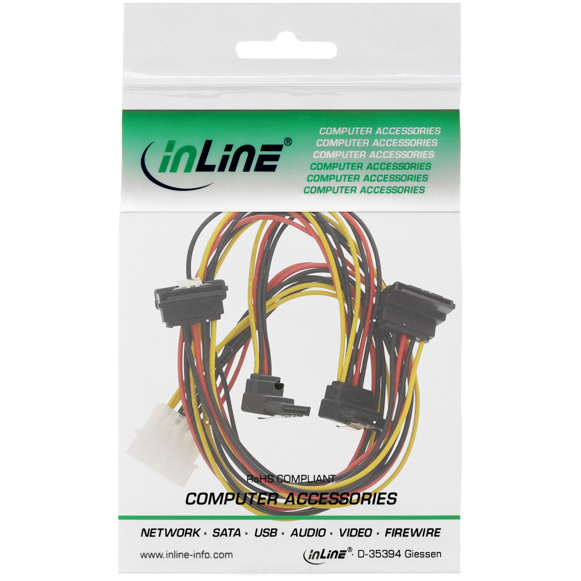 Inline® Strom Y-Kab int.,1x13,34cm (5,25")/4x15pol SATA gew.m.Lasche, 0,40+0,55m