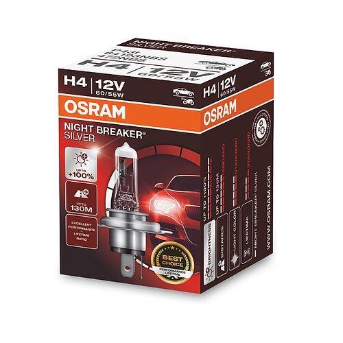 OSRAM H4 12V 60/55W P43t NIGHT BREAKER® SILVER +100% Faltschachtel