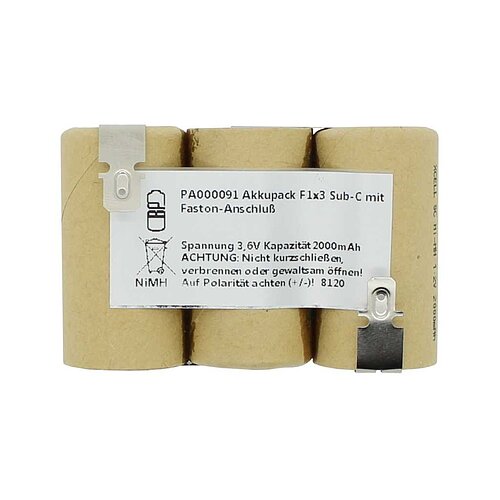 Akkupack NiMH 3,6V 2000mAh F1x3 Sub-C mit Faston-Anschluß Akkupack NiMH 3,6V 2000mAh F1x3 Sub-C mit Faston-Anschluß