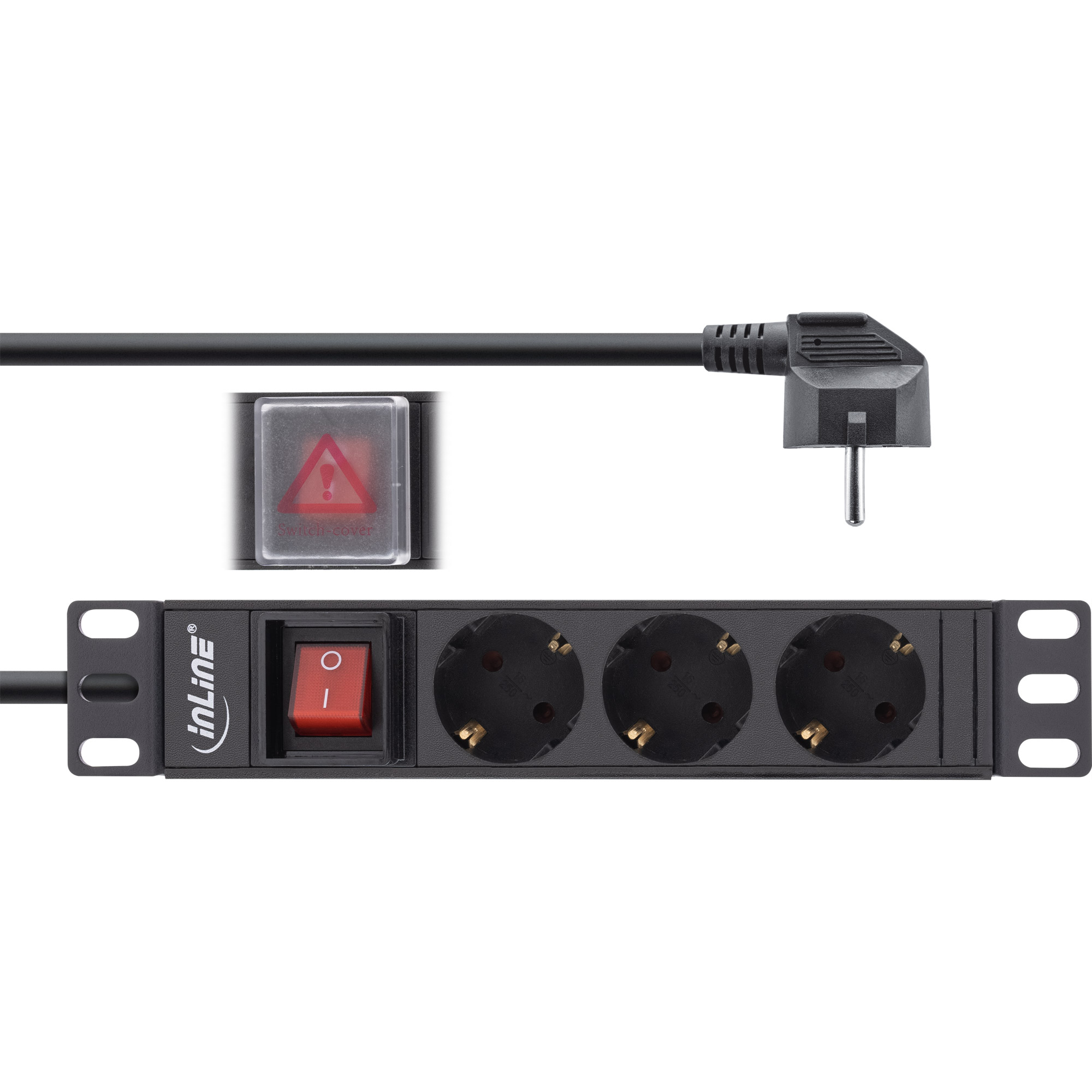 Inline® 10" Steckdosenleiste, 3-fach Schutzkontakt, mit Schalter, 2m, schwarz