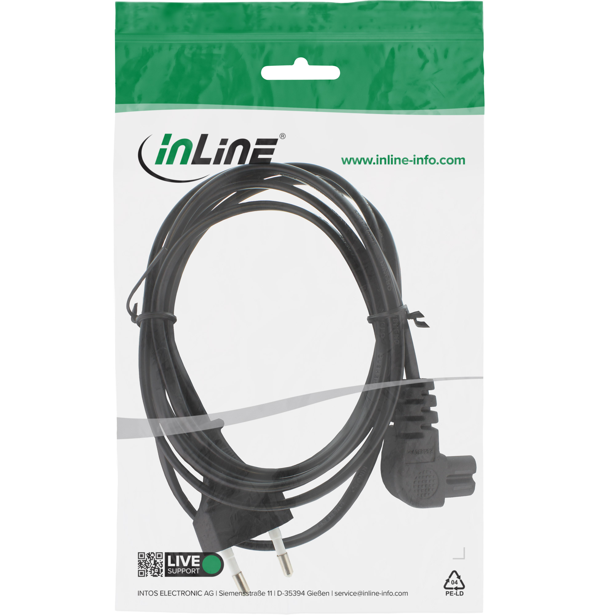 Inline® Netzkabel, Netzstecker auf Euro 8 C7 Stecker, gewinkelt, 5,0m Inline® Netzkabel, Netzstecker auf Euro 8 C7 Stecker, gewinkelt, 5,0m
