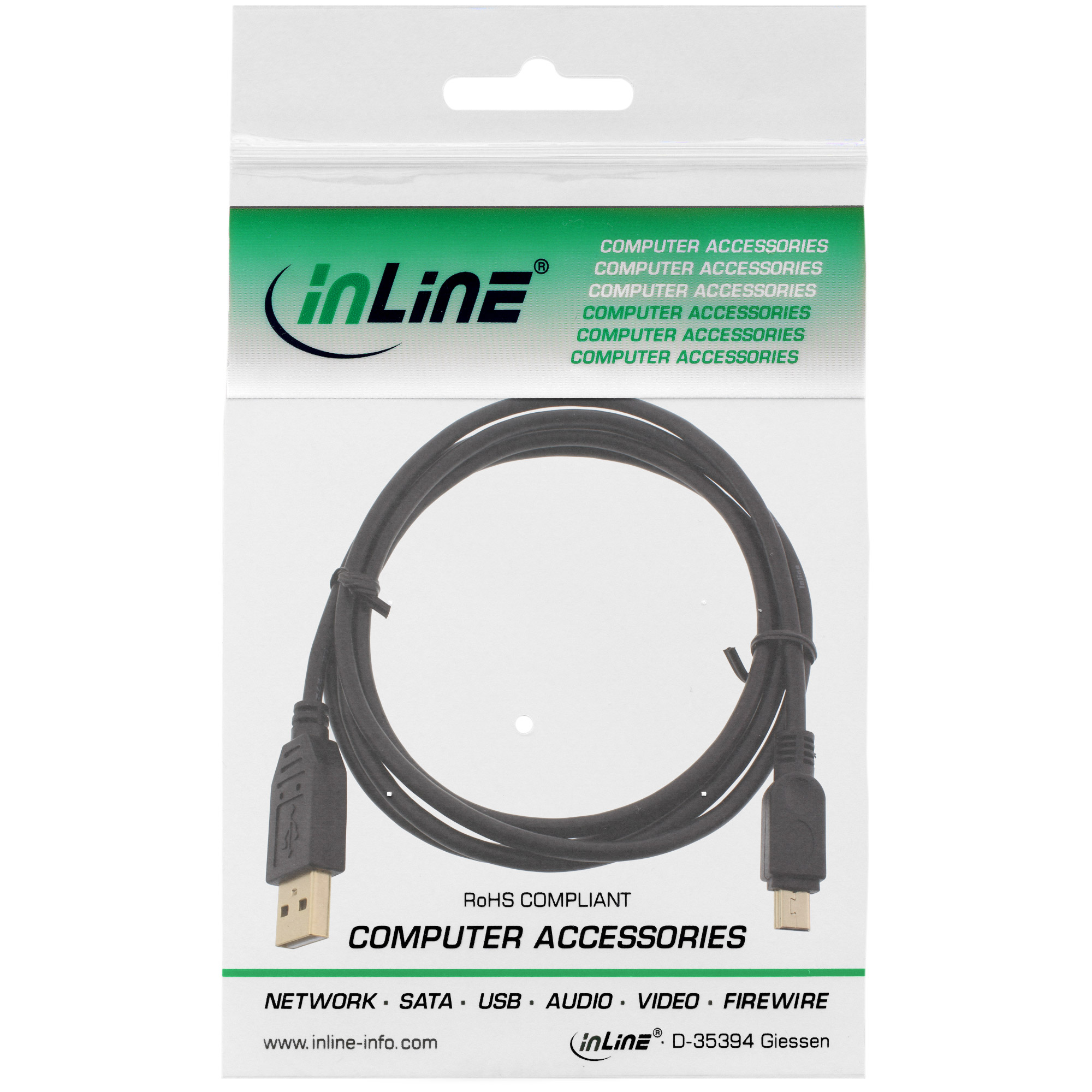 Inline® USB 2.0 Mini-Kabel, USB A ST/Mini ST 5pol, schwarz, vergold. Kont., 2m