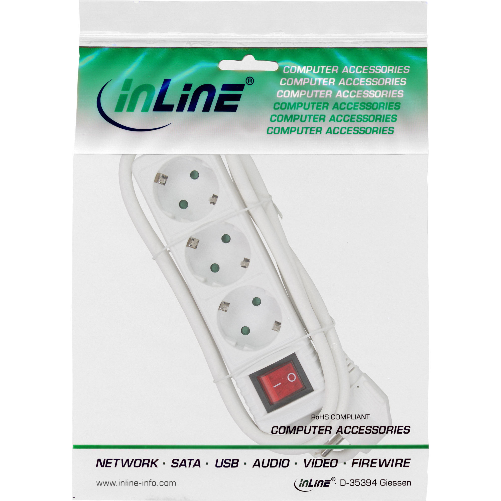 Inline® Steckdosenleiste, 3-fach Schutzkontakt, mit Schalter, weiß, 1,5m