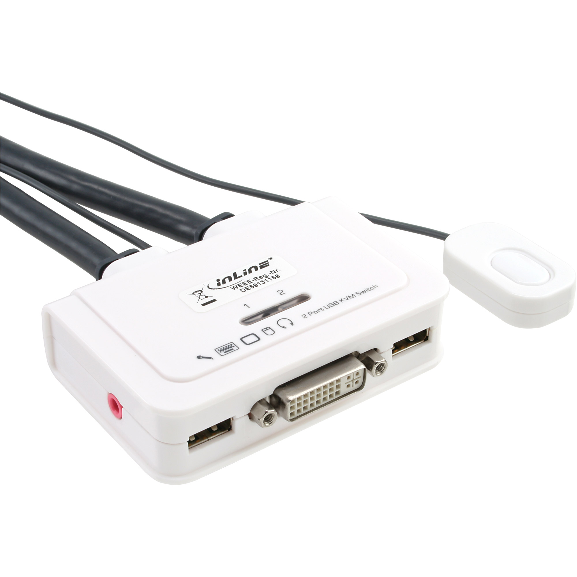 Inline® KVM Switch, 2-fach, DVI-D, USB, mit Audio, integr. Kabel
