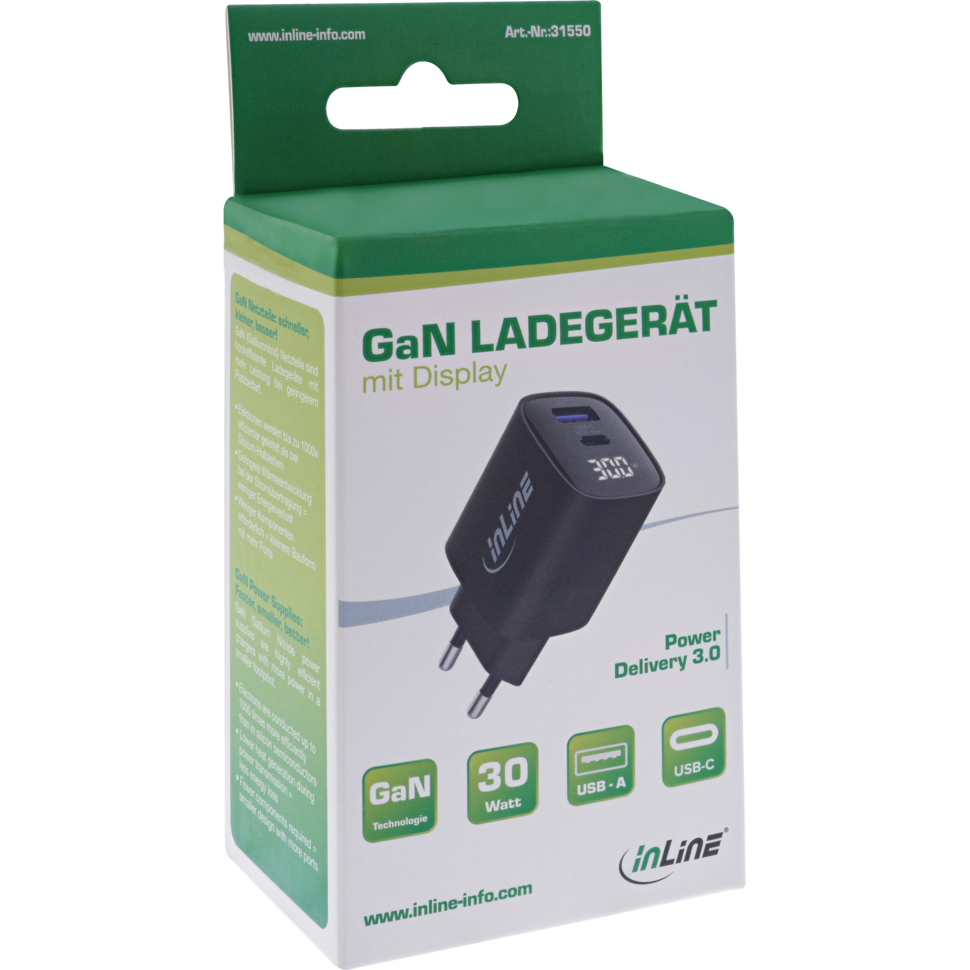 InLine® USB PD Netzteil, GaN Ladegerät, 2-Port, USB-C + USB-A, 30W