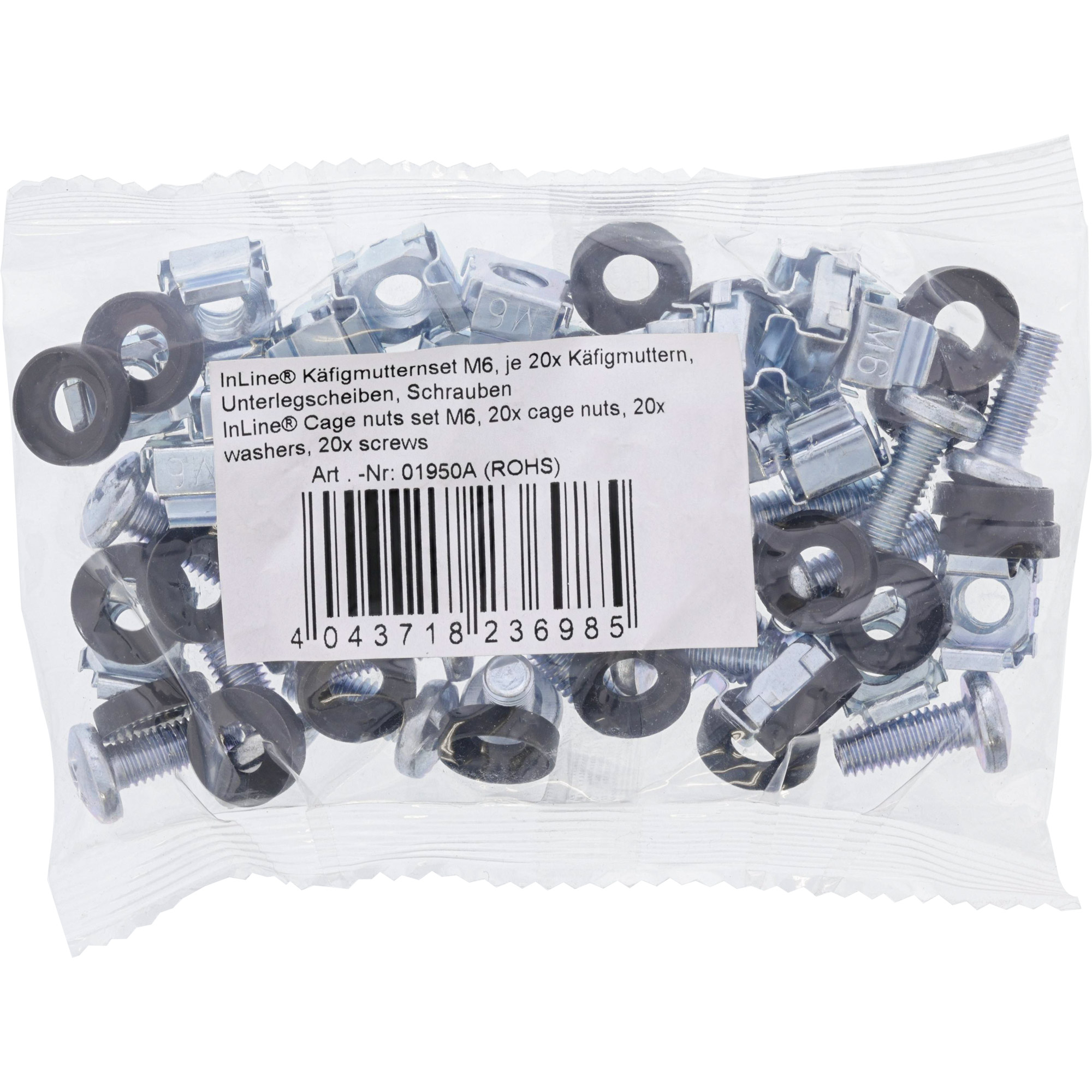 Inline® Käfigmutternset M6, je 20x Käfigmuttern, Unterlegscheiben, Schrauben