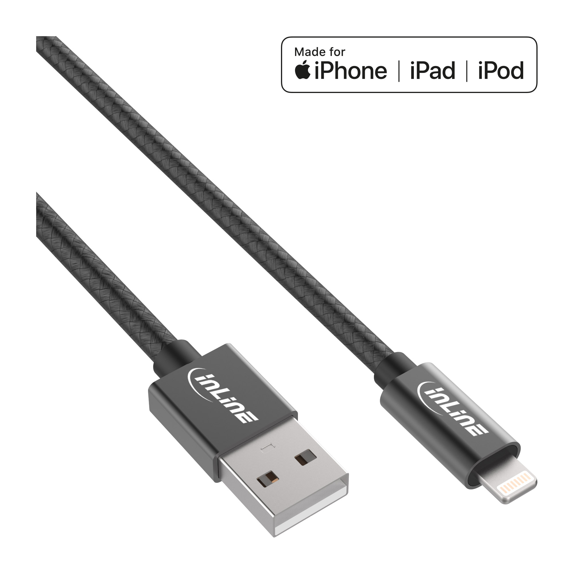 Inline® Lightning USB Kabel, für iPad, iPhone, schwarz/Alu, 1m MFi-zertifiziert