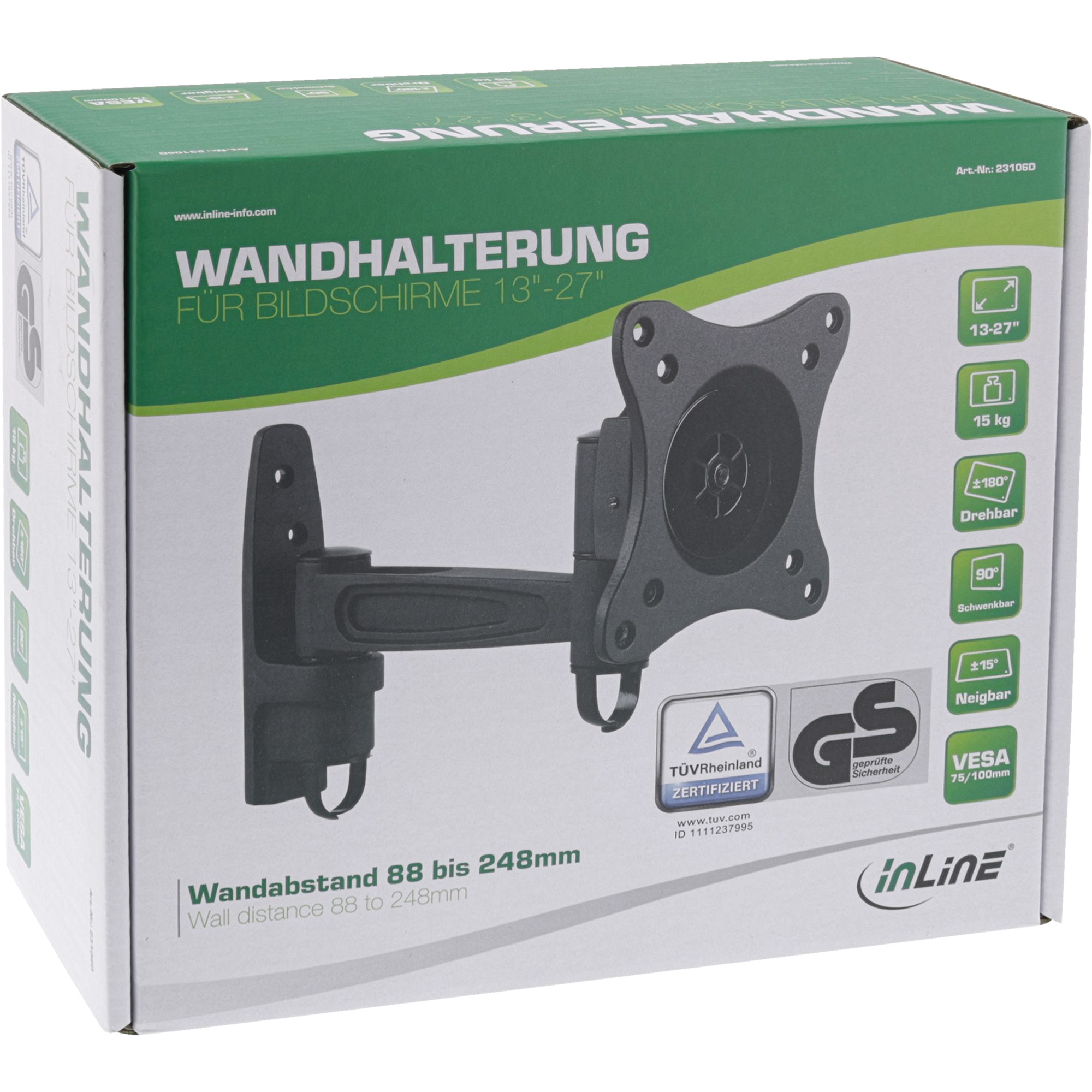 Inline® Wandhalterung, für Monitore bis 69cm (27"), max. 15kg, einteiliger Arm