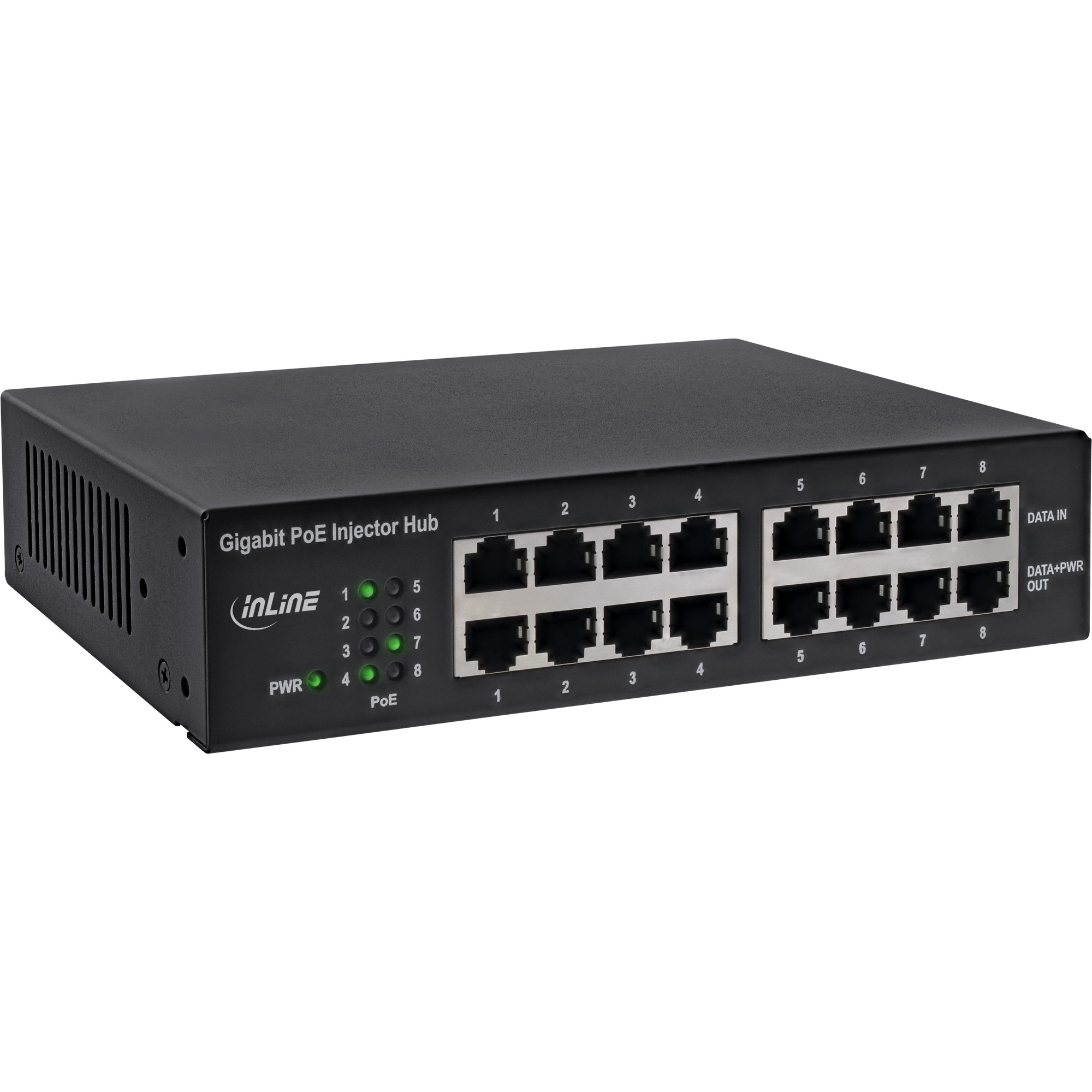 Inline® PoE+ Gigabit Injektor Hub 8 Port (8x PoE+), 1Gb/s, 19" 1HE, Lüfterlos
