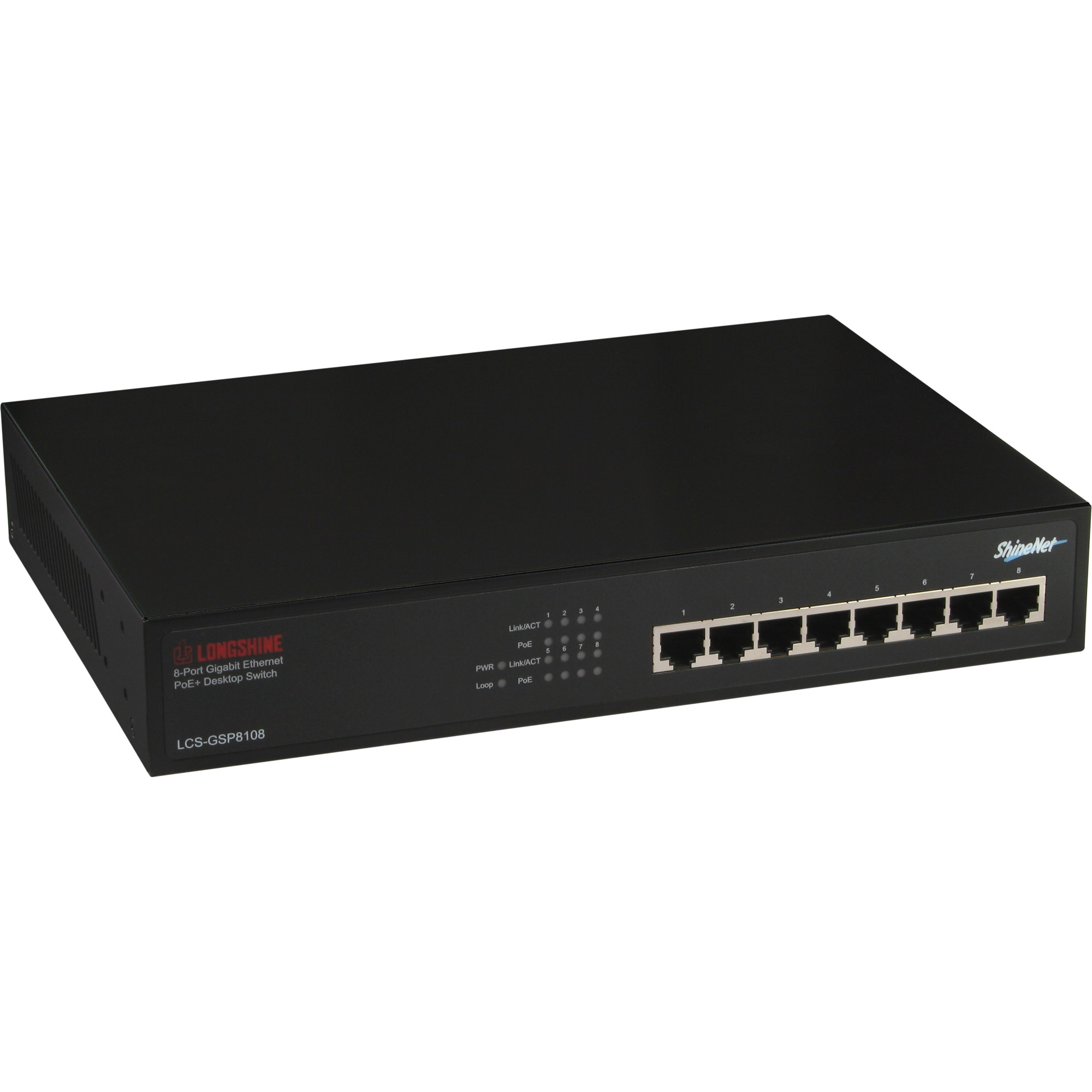 Longshine Gigabit Switch, 8-Port, LCS-GSP8108, Desktop, PoE+, Lüfterlos