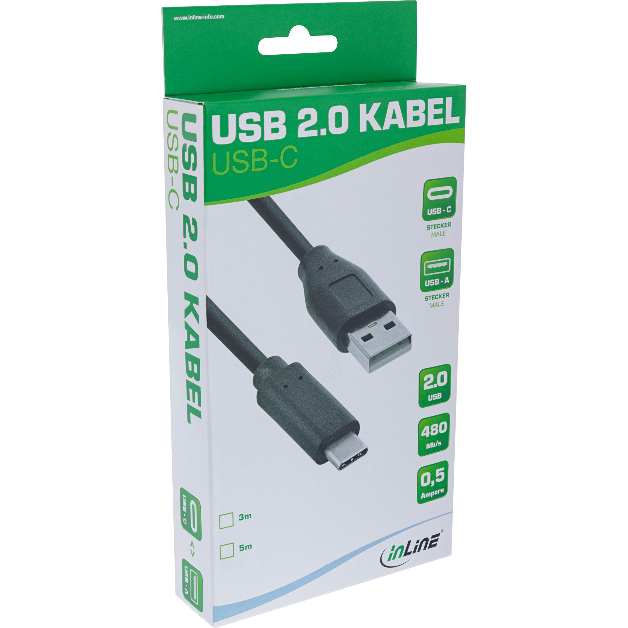 Inline® USB 2.0 Kabel, USB-C Stecker an A Stecker, schwarz, 5m Inline® USB 2.0 Kabel, USB-C Stecker an A Stecker, schwarz, 5m