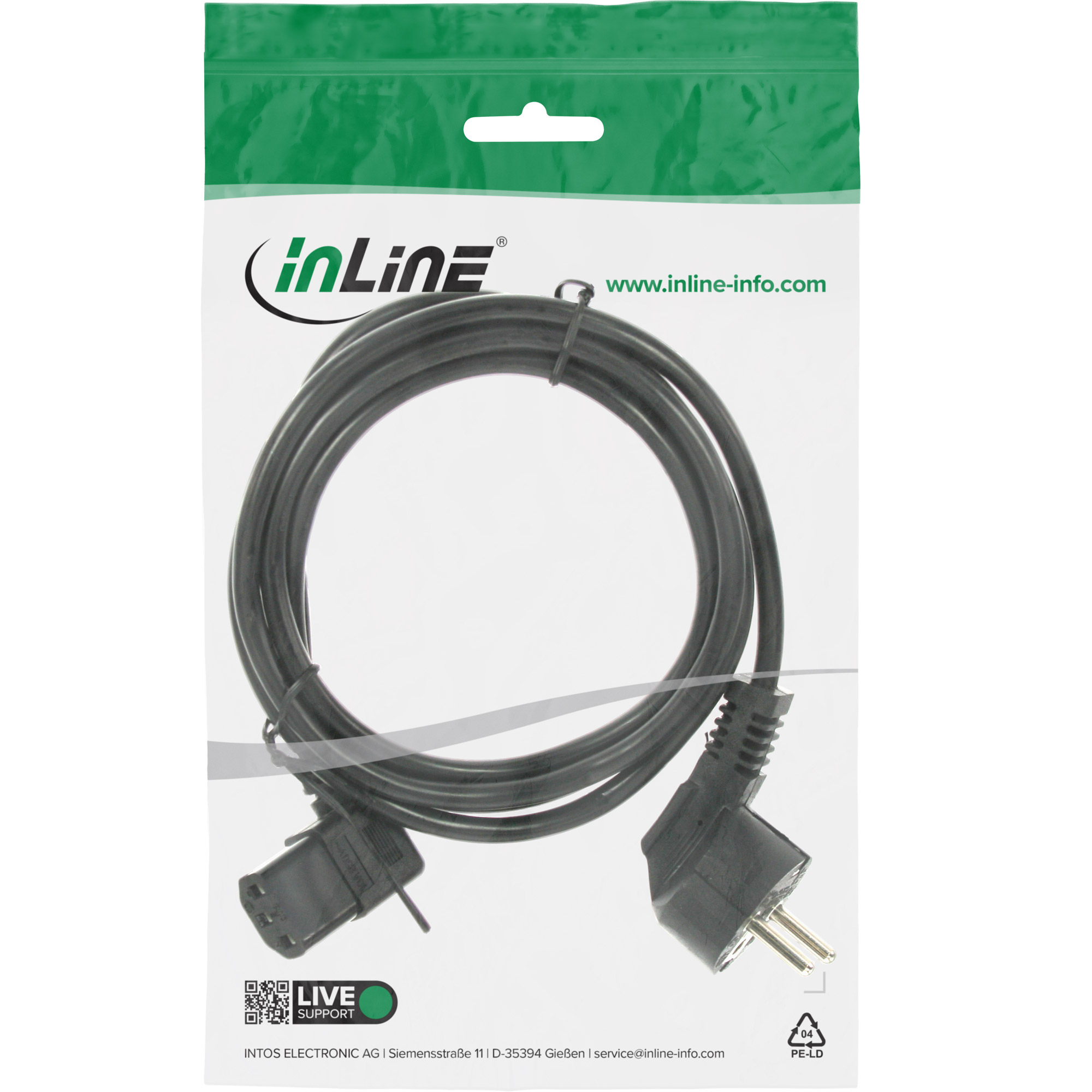 Inline® Netzkabel, Schutzk. gew. / Kaltgerätest. C13 links abgew., schwarz, 0,3m