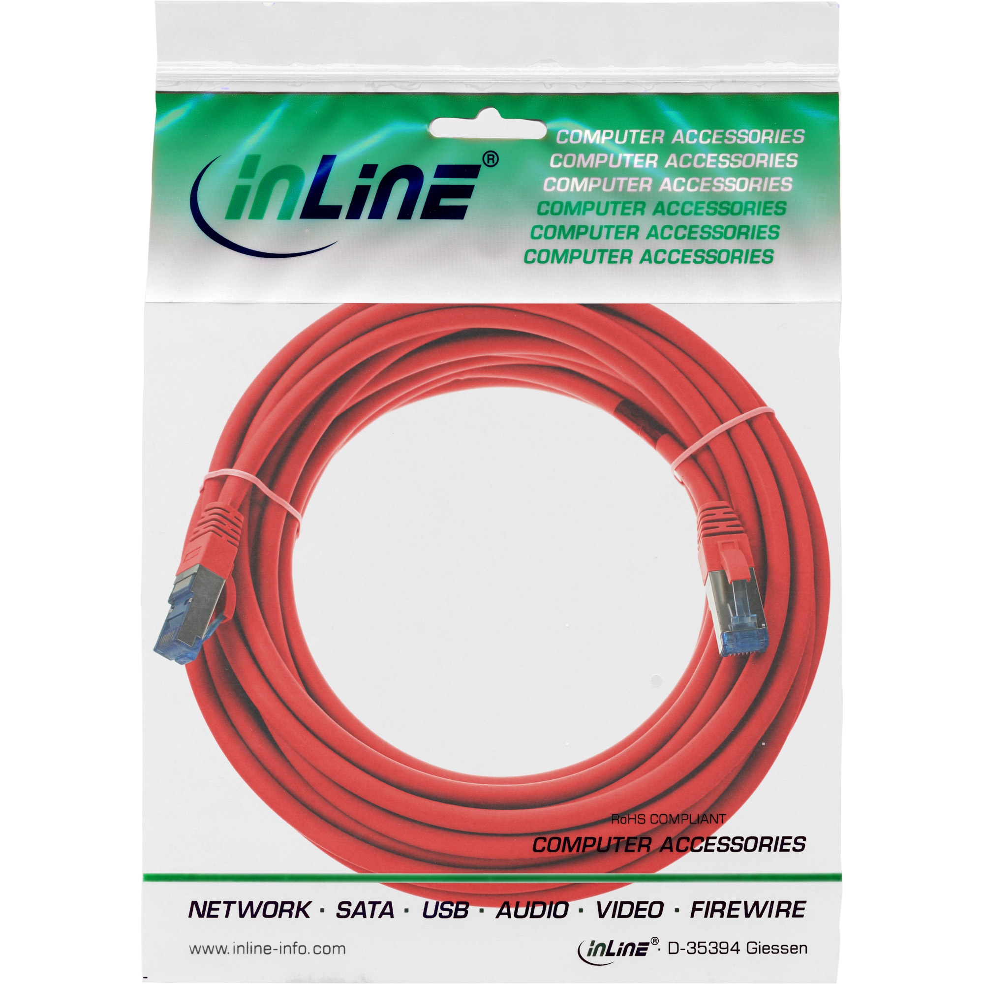 Inline® Patchkabel, S/FTP (PiMf), Cat.6A, halogenfrei, rot, 15m