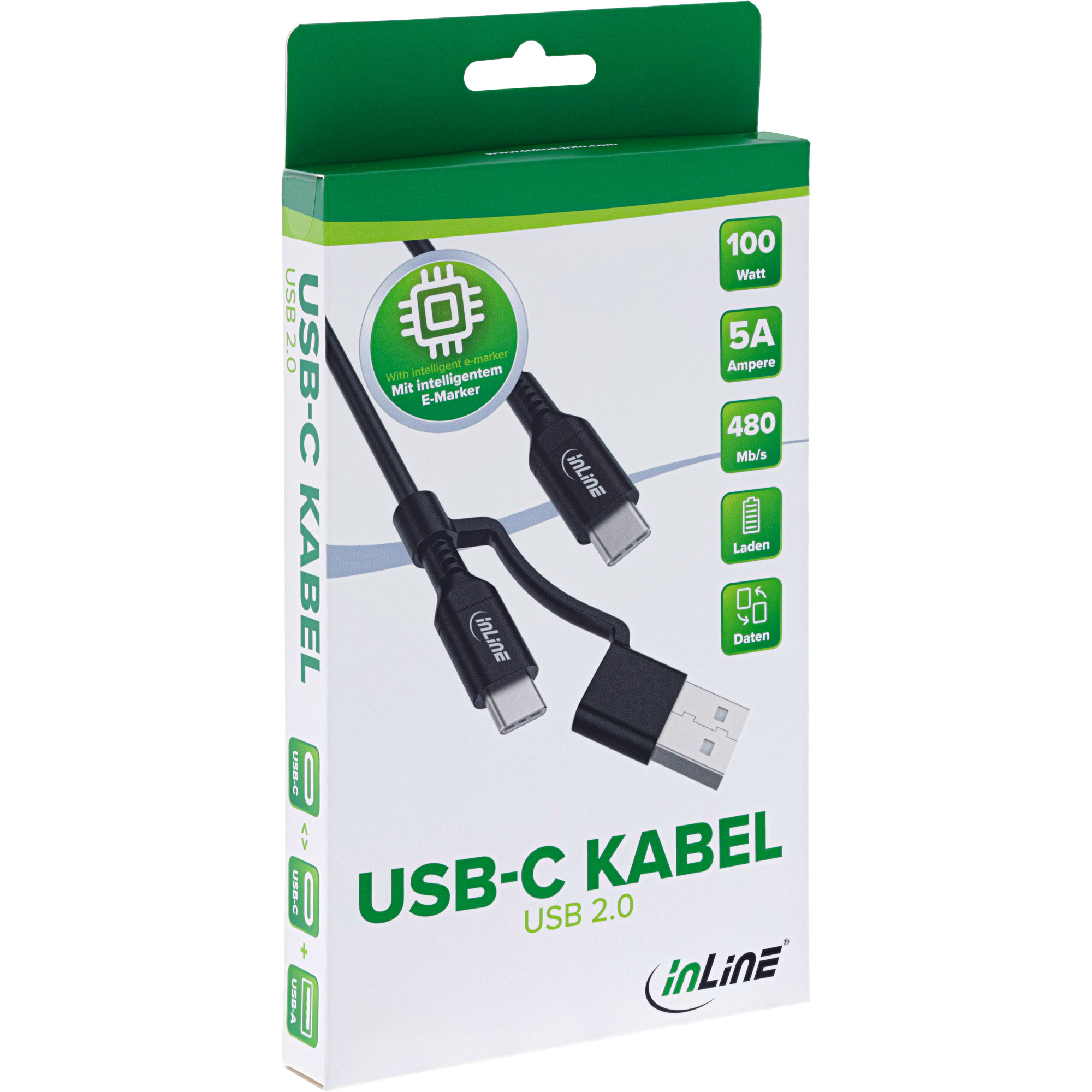 InLine® 2-in-1 USB-C Kabel + USB-A Adapter, USB 2.0, 100W, TPE, schwarz, 1m
