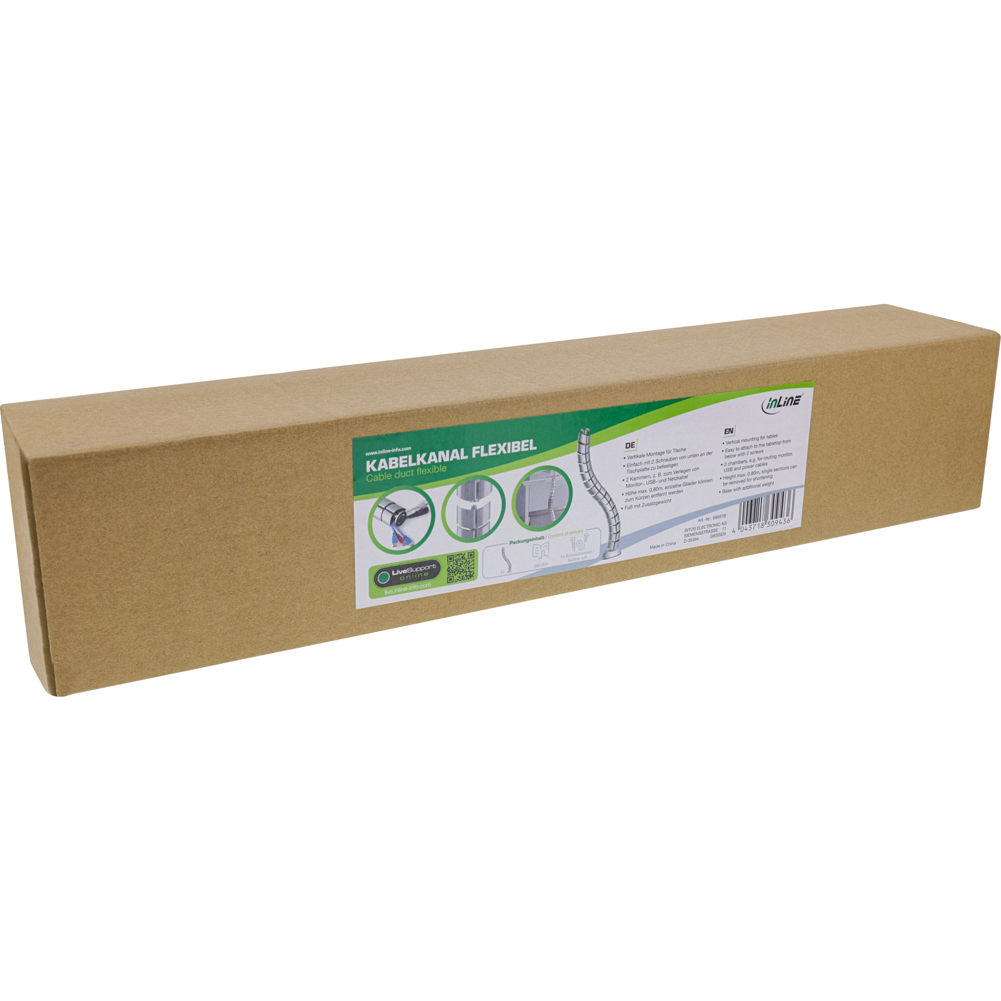 Inline® Kabelkanal flexibel, vertikal für Tische, 2 Kammern, 0,80m, silber