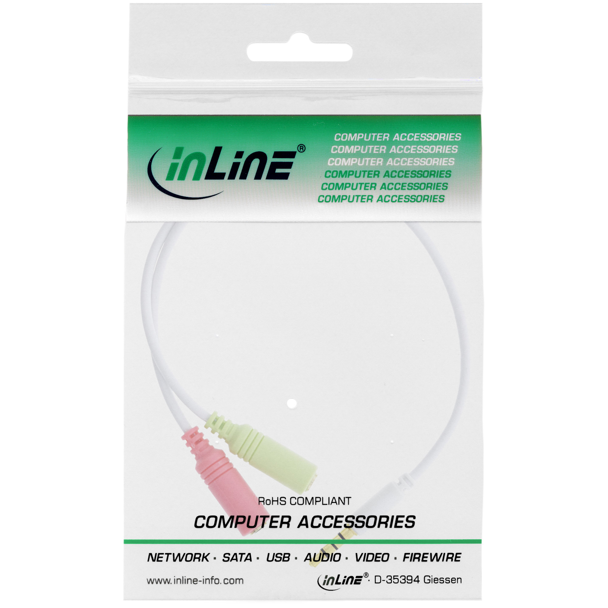 0.15m - Inline® Headset Adapterkabel, 3,5mm Stecker an 2x3,5mm Buchse, weiß