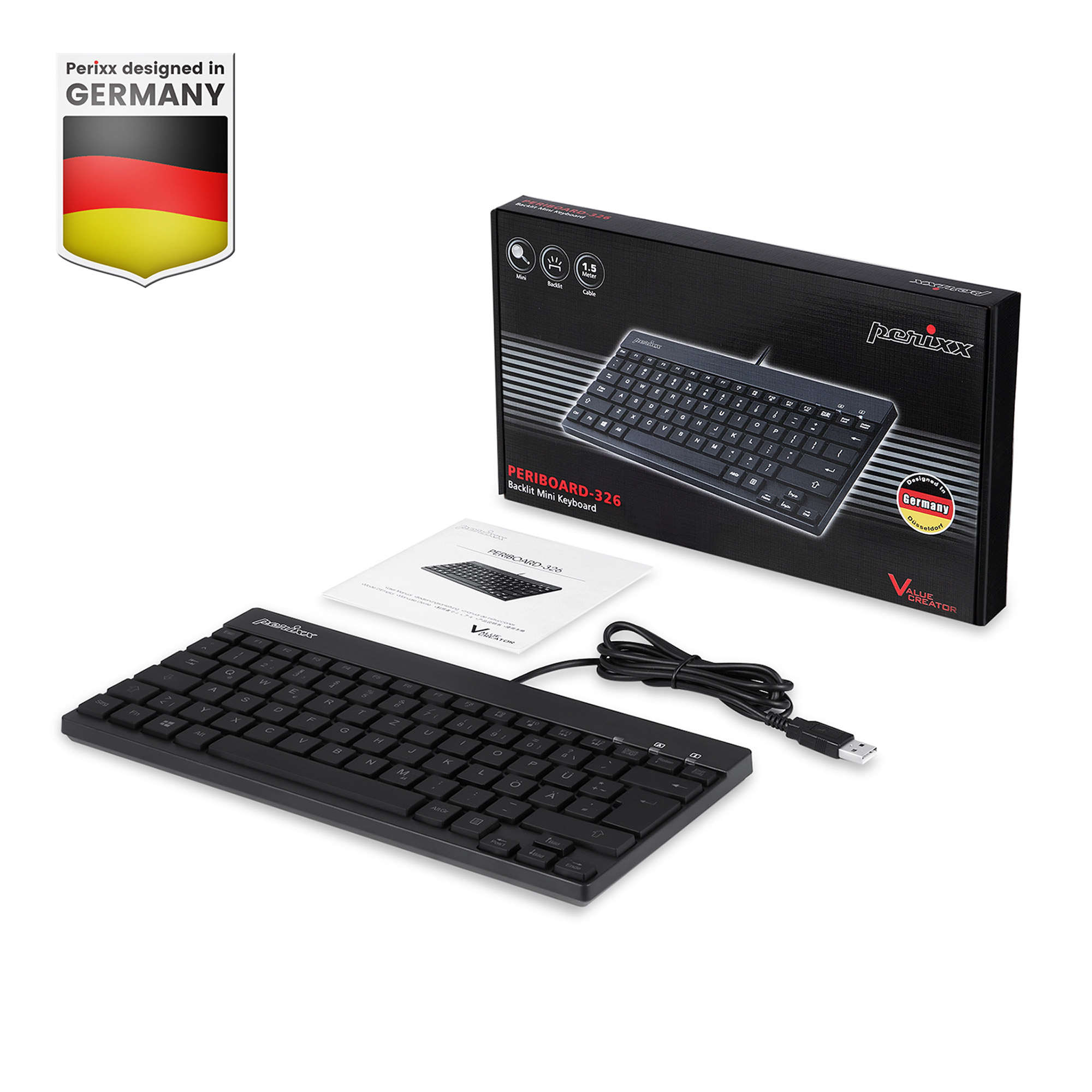 Perixx PERIBOARD-326 DE, Beleuchtete USB-Tastatur, kabelgebunden, schwarz Perixx PERIBOARD-326 DE, Beleuchtete USB-Tastatur, kabelgebunden, schwarz