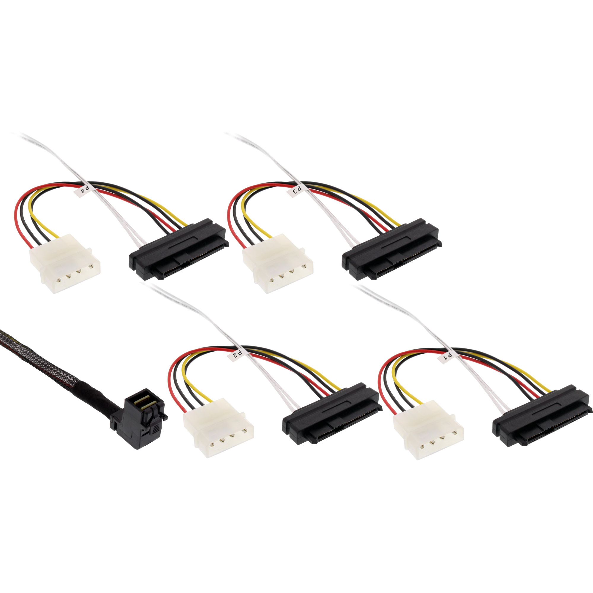 Inline® Mini SAS HD Kabel, SFF-8643 gewinkelt zu 4x SFF-8482 + Strom, 1m