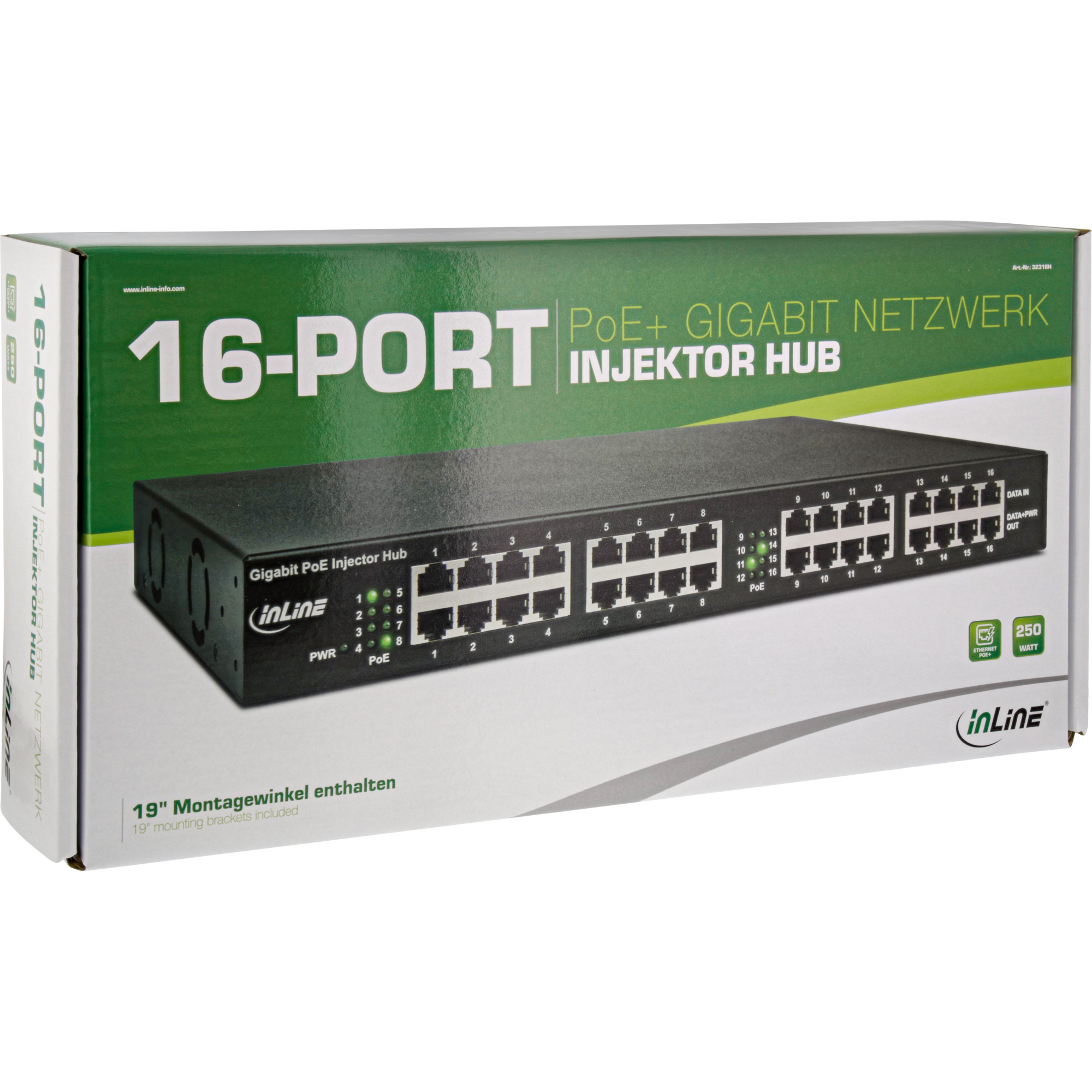 Inline® PoE+ Gigabit Netzwerk Injektor Hub 16 Port (16x PoE+), 1Gb/s, 19"1HE Inline® PoE+ Gigabit Netzwerk Injektor Hub 16 Port (16x PoE+), 1Gb/s, 19"1HE