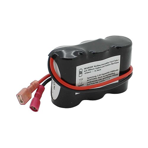 Notleuchtenakku NiMH 3,6V 3500mAh F1x3 Sub-C mit 200mm Kabel und Faston-Buchsen -4,8mm / +6,3mm