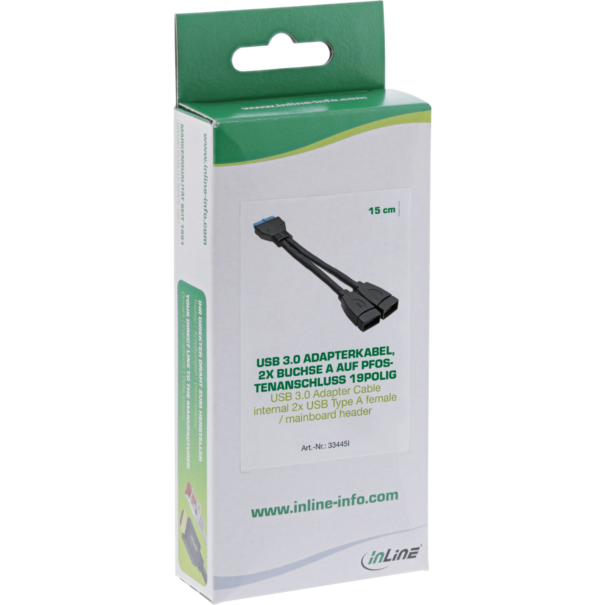 Inline® USB 3.0 Adapterkabel, 2x Buchse A auf Pfostenanschluss 19polig, 0,15m