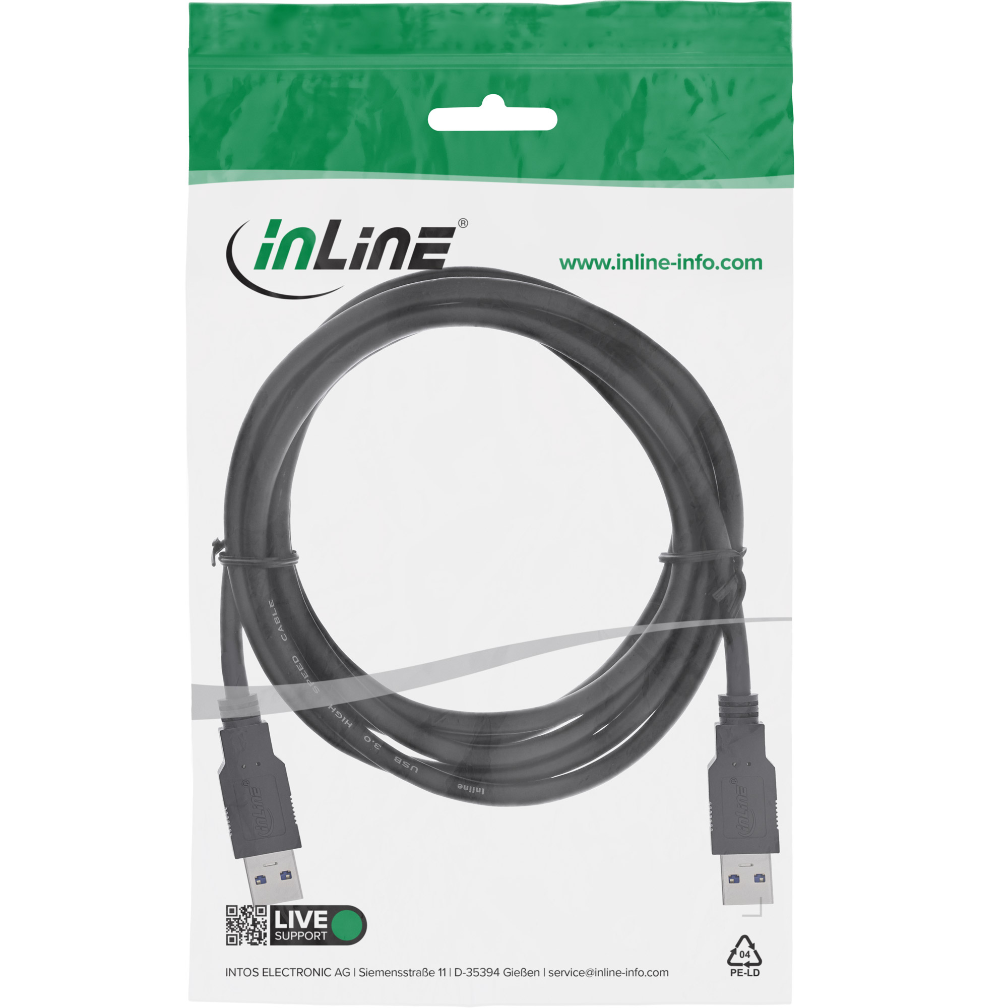 Inline® USB 3.2 Gen.1 Kabel, A an A, schwarz, 3m