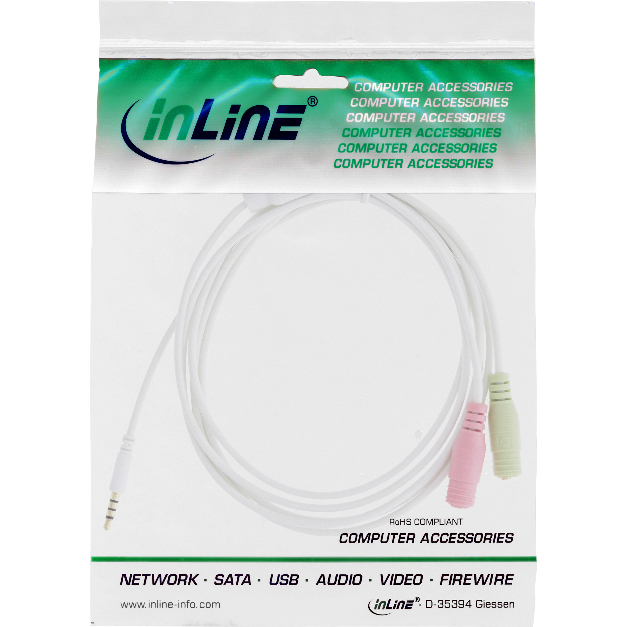 1m - Inline® Headset Adapterkabel, 3,5mm Stecker an 2x3,5mm Buchse, weiß