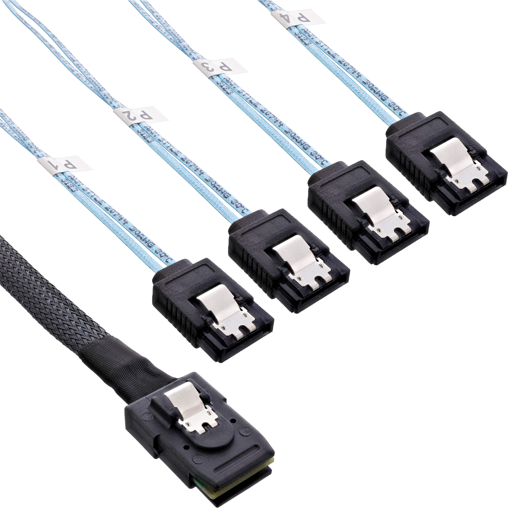 Inline® SAS Anschlusskabel, Mini SAS SFF8087 an 4x SATA, Crossover, OCF, 0,75m