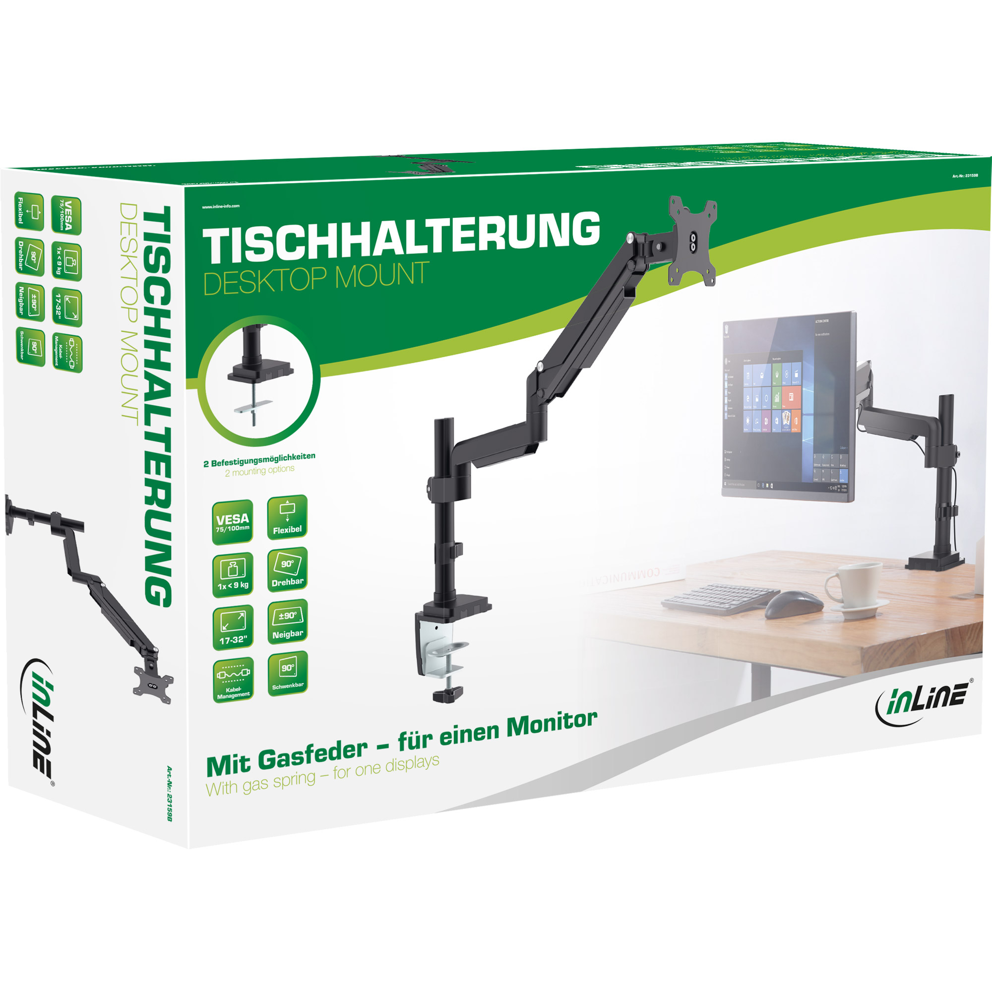 Inline® Tischhalterung mit Lifter, beweglich, für Monitore bis 82cm (32"), 9kg