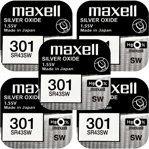 5x Maxell SR43SW 301 Silberoxid Batterie 1,55 V