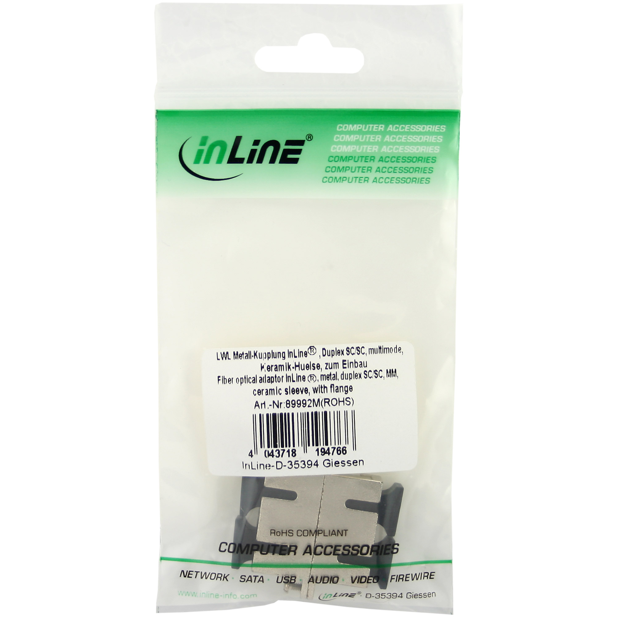 Inline® LWL Metall-Kupplung, Duplex SC/SC, multimode, Keramik-Hülse, zum Einbau