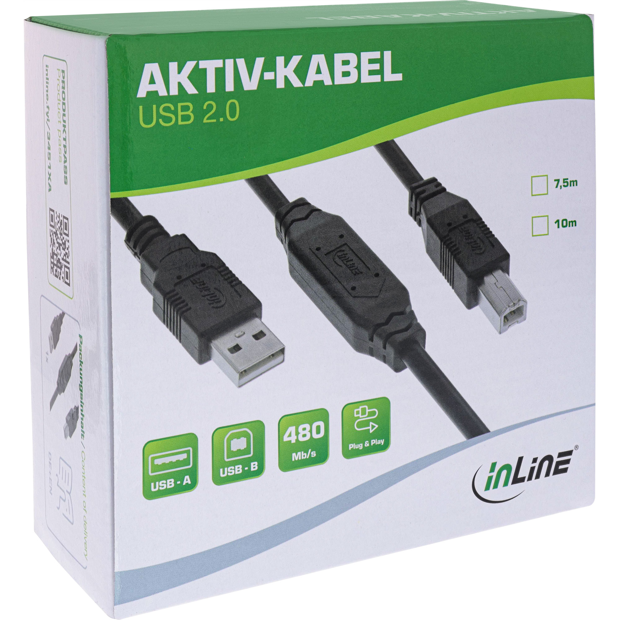InLine® USB 2.0 Aktiv-Kabel, USB-A Stecker zu USB-B Stecker, 10m