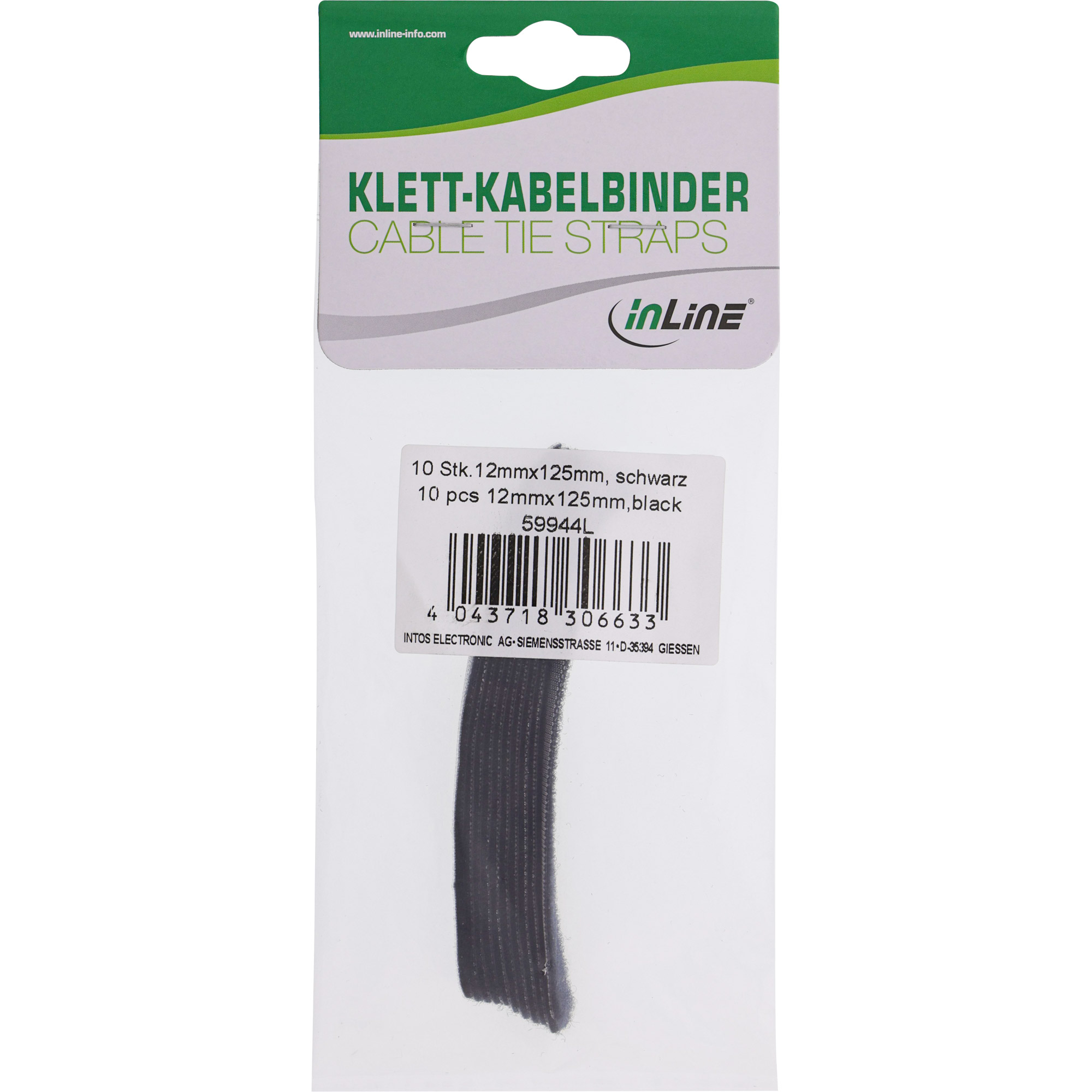 Inline® Klettkabelbinder mit Lasche 12x125mm, 10er, schwarz